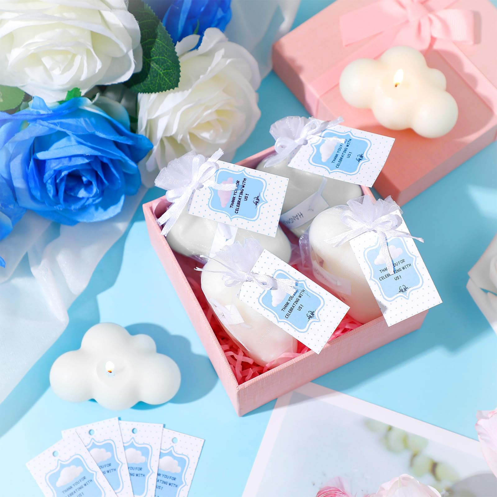Treela 24 Sets Cloud Baby Shower Party Favors for Guests Cloud Shaped Burning Tealight Candles Thank You Tags Return Gifts for W