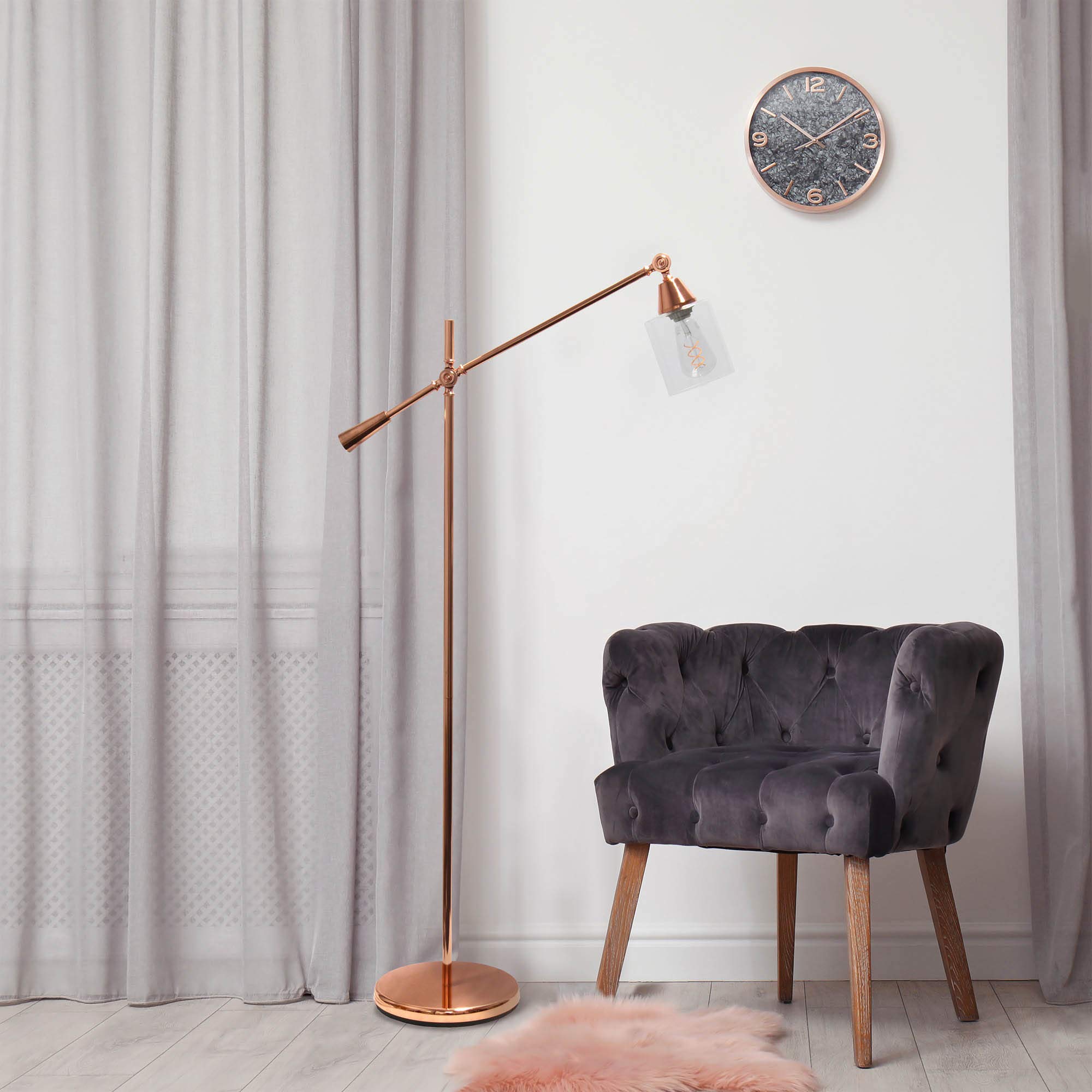 LALIA HOME Decorative Swing Arm Floor Lamp, Metal, Rose Gold, 30inL x 11inW x 56inH, Model LHF-5021-RG, Clear Glass Shade