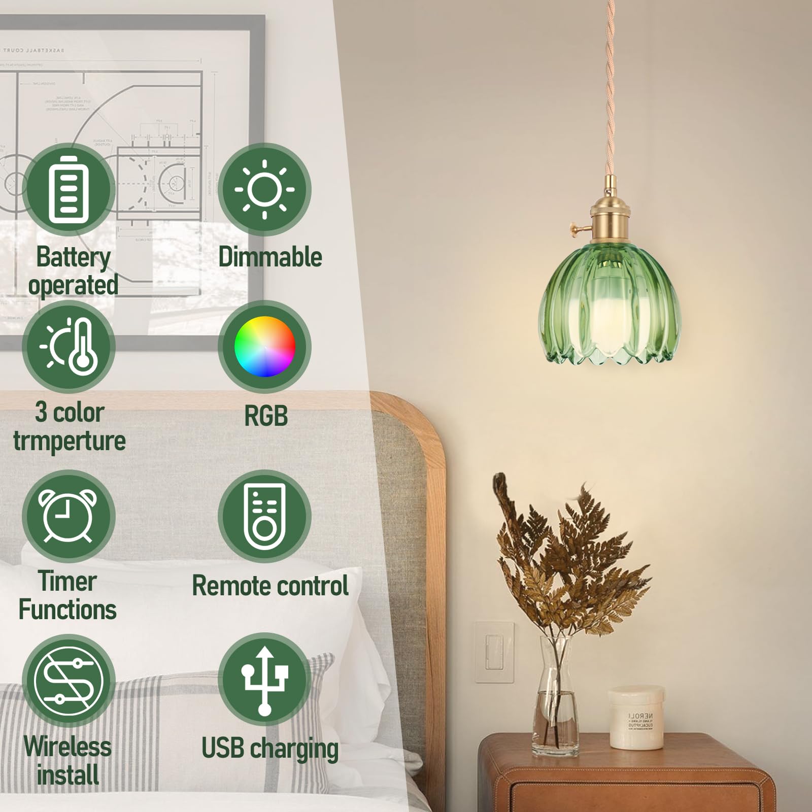 Loiogohot Battery Operated Pendant Light, 5.1" RGB Rechargeable Glass Chandelier, Tulip Green, Model PL-BN1169-CD-GN