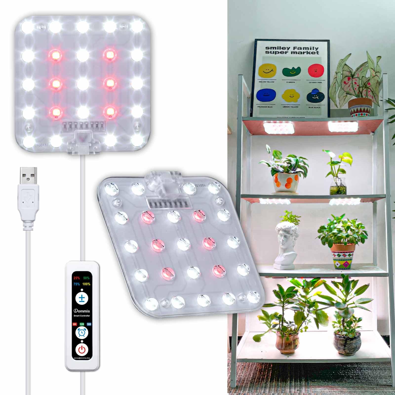Dommia Grow Light, Square 4 Dimmable Full Spectrum High Ppfd With Optical Lens, Auto On/Off And 6/12/16H Timer, Suitable For Hydroponics, Seedlings, Succulents, Veg, Flowers & More(No Adapters)