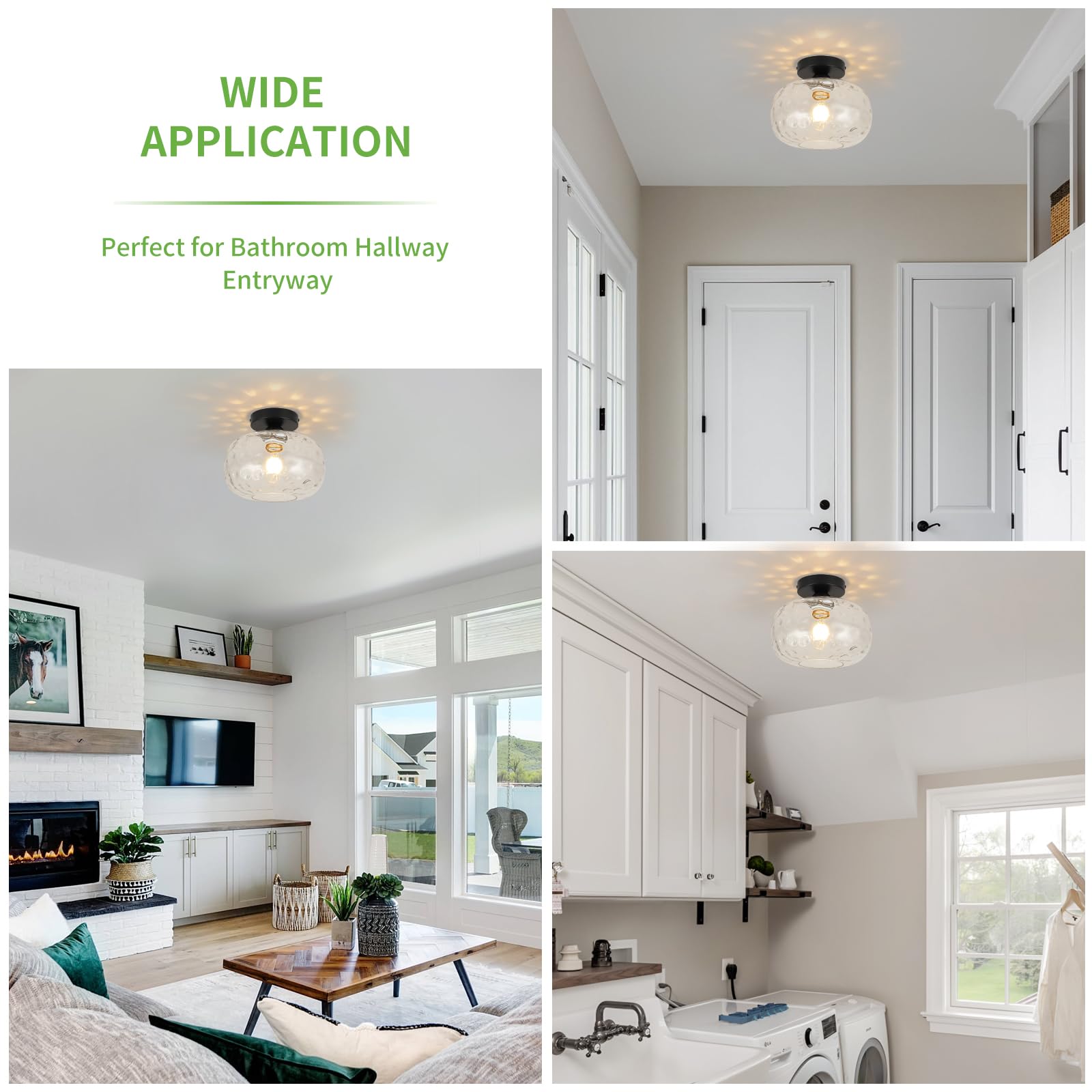 Wilon Industrial Semi Flush Mount Ceiling - 9.84'' Hammered Glass Ceiling Light Fixture Farmhouse Close To Ceiling Lights Black