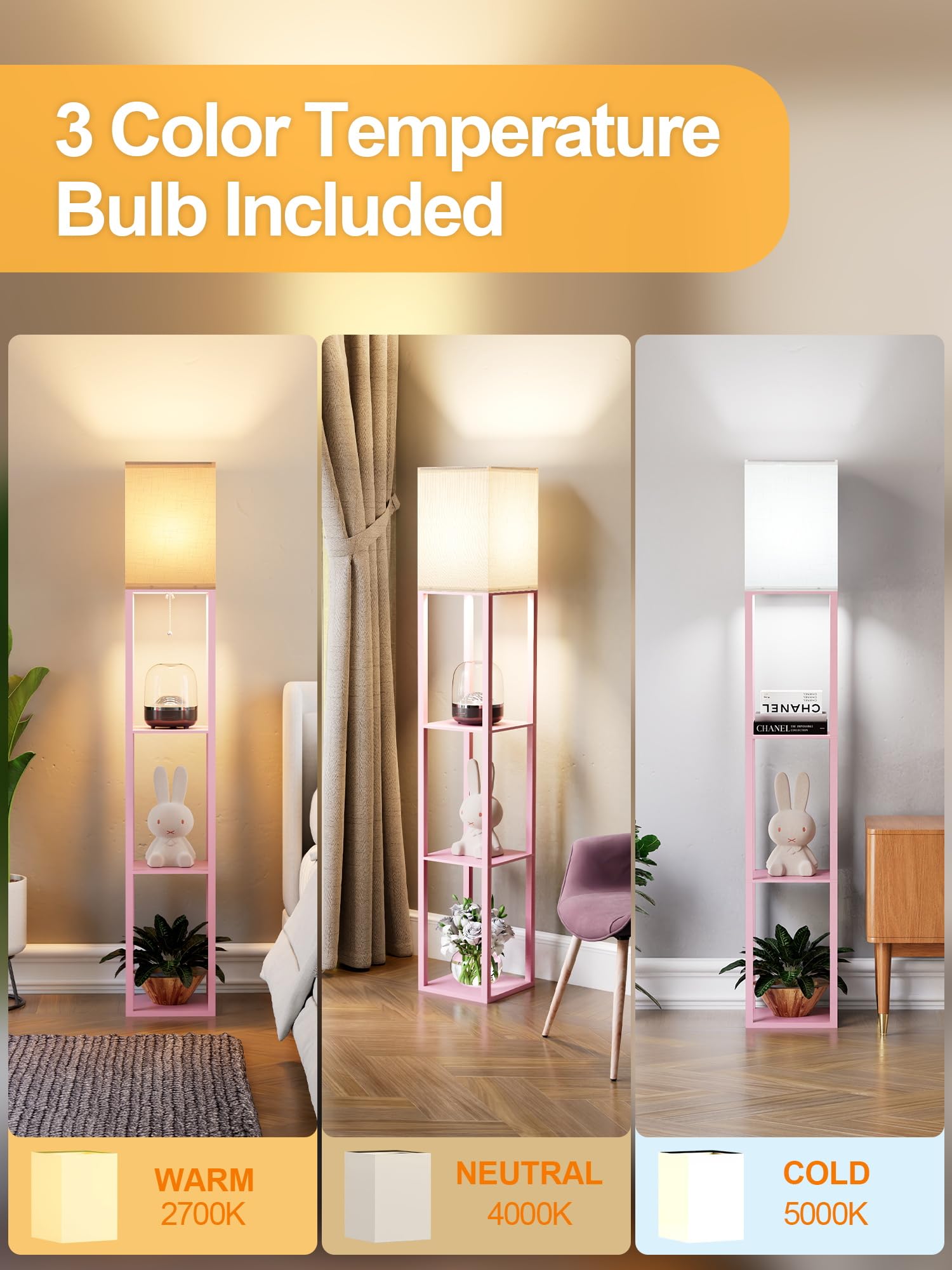 Pink Floor Lamp With Shelves For Living Room, Shelf Floor Lamp With 3 Cct Led Bulb, Corner Display Standing Column Lamp Etagere
