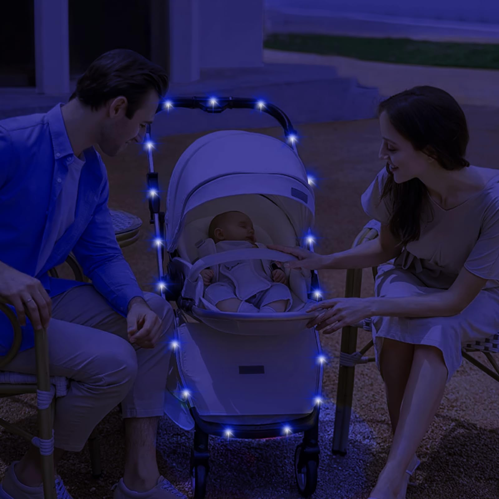 Qlonn Stroller Lights - 16.4FT Waterproof LED String Lights, 50 LEDs, 8 Modes, Remote Control, Blue, Model SL-01