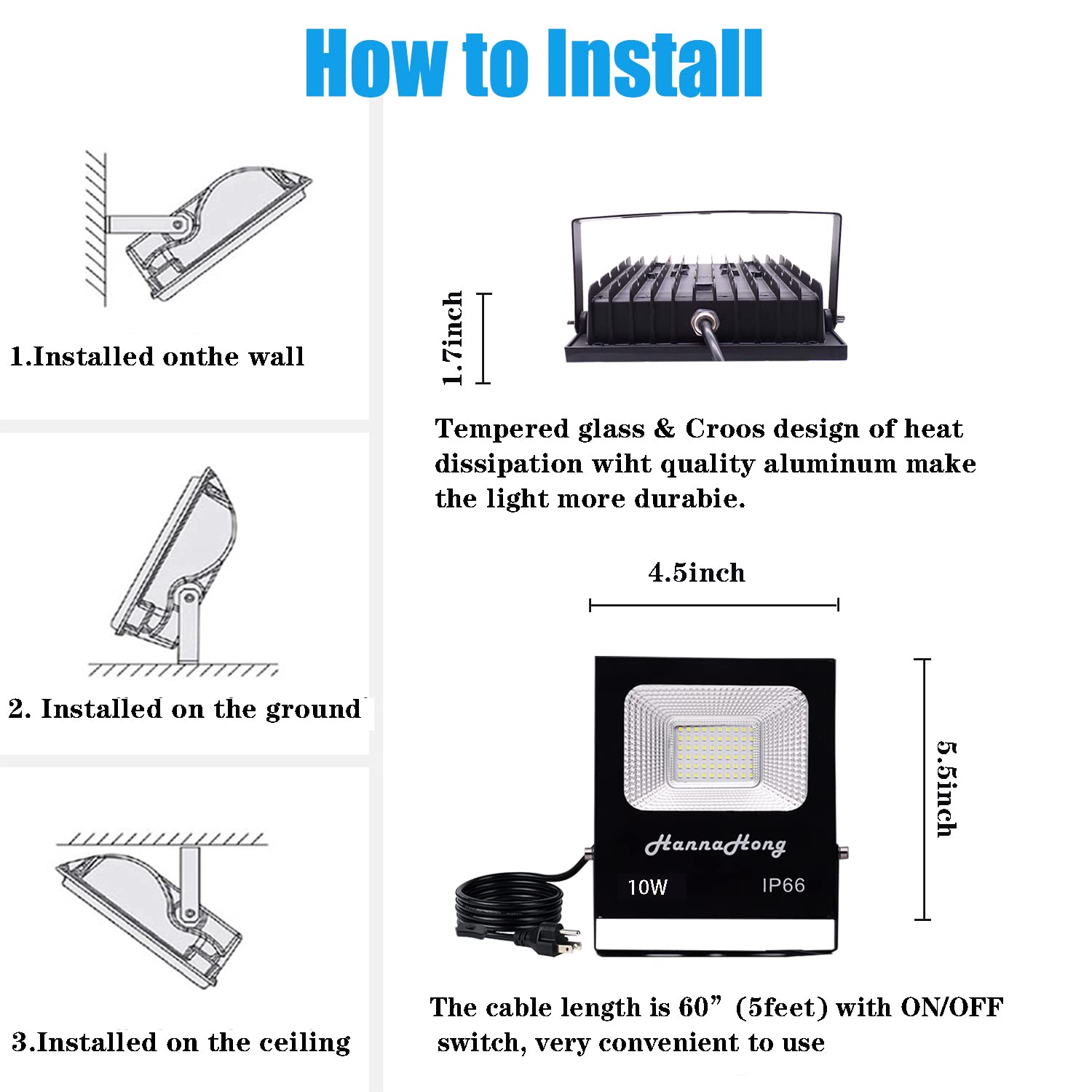 Hannahong 10W Led Flood Light With Switch, Ip66 Waterproof, Cool White Outdoor Security Light