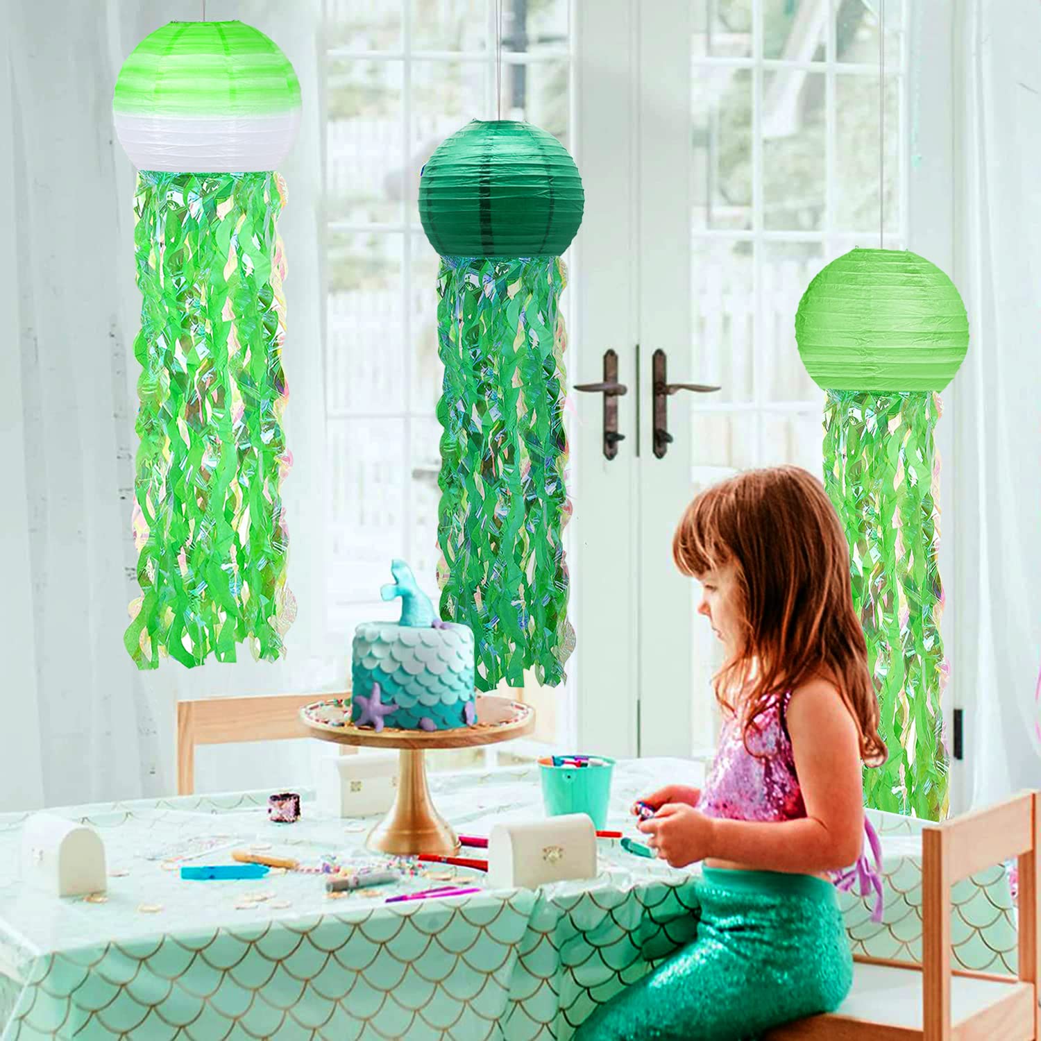 Meiduo 6 Packs Jellyfish Paper Lanterns Hanging Mermaid Wishes Lantern Gradient Green Mint Green Ocean Theme Party Supplies Grea