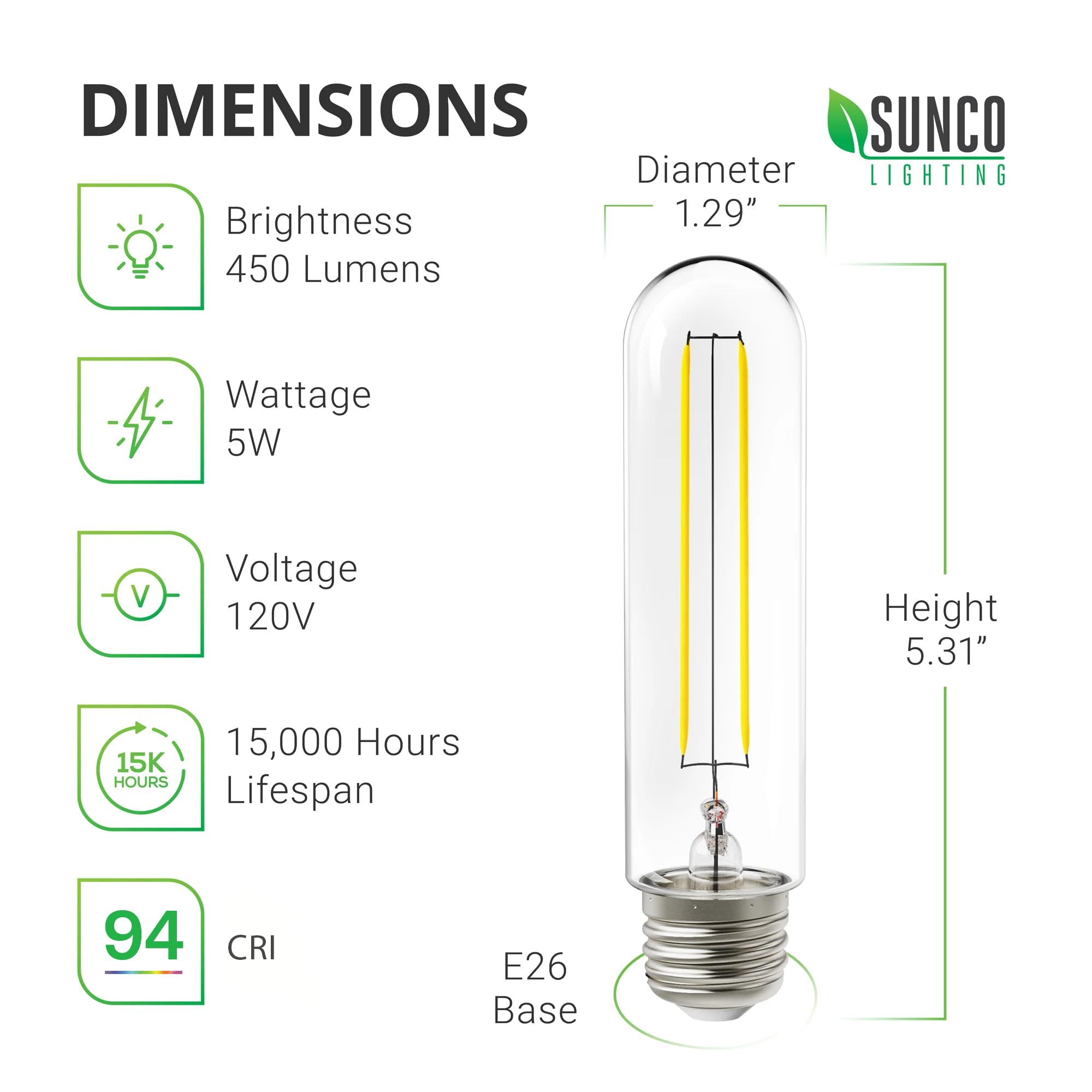 Sunco Lighting T10 LED Bulbs 5W=40W 6 Pack, 2700K Soft White, Vintage Filament, Waterproof, E26 Base, 450 Lumens, CR