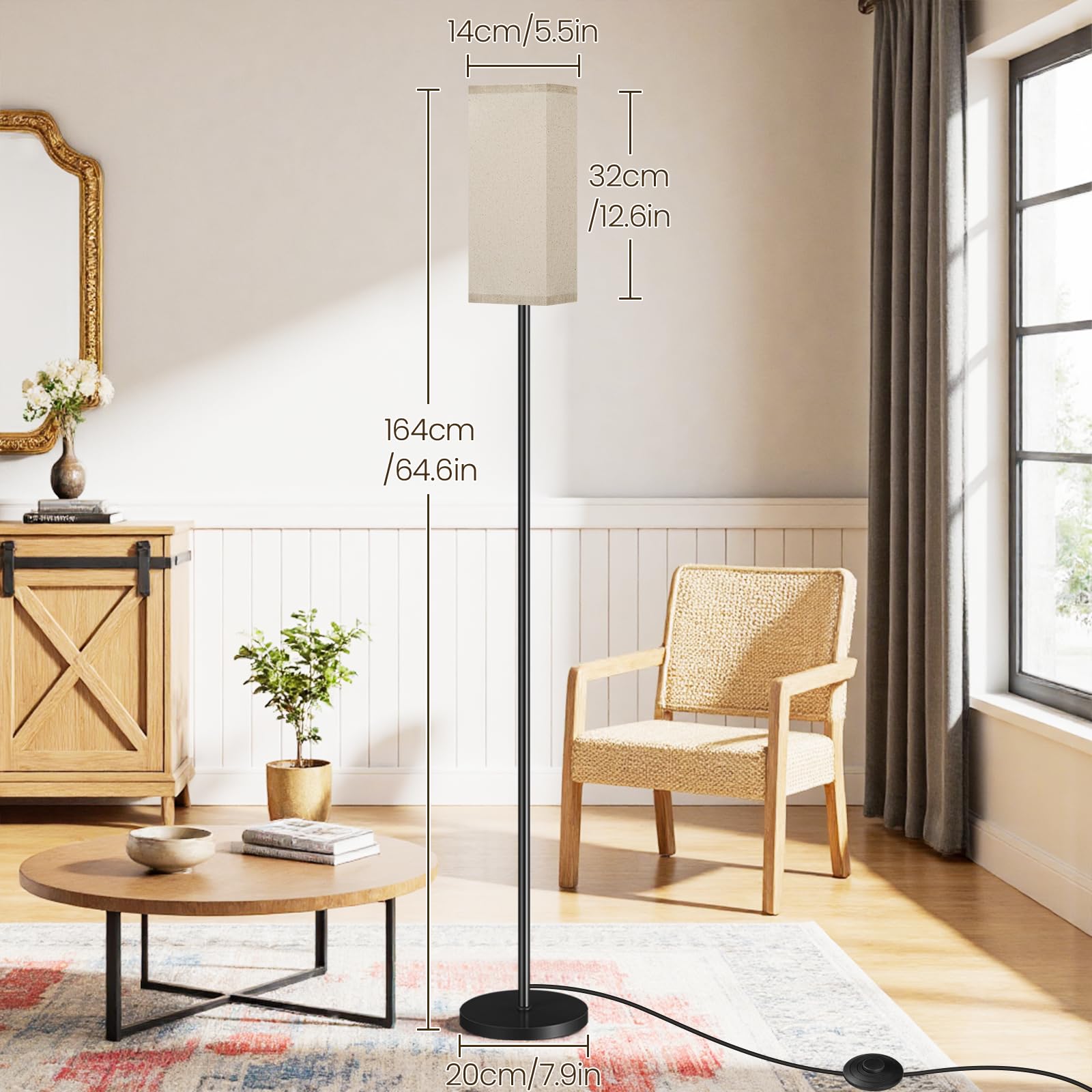 GOEBLESON Floor Lamp, Modern Pole Lamp with Foot Switch, Metal, 64.6in, Black and Yellow, Model Y07LD05, ETL Listed