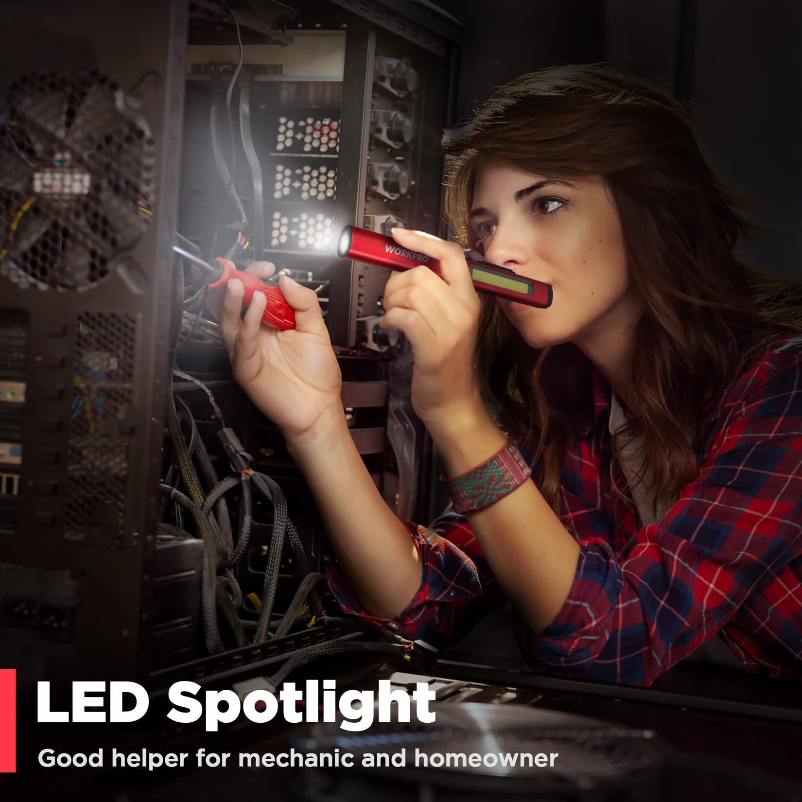 WORKPRO 450 Lumen Rechargeable Pen Light with 365nm UV Black Light, Red Multifunctional Flashlight for Mechanic Emergency & Outdoor Use