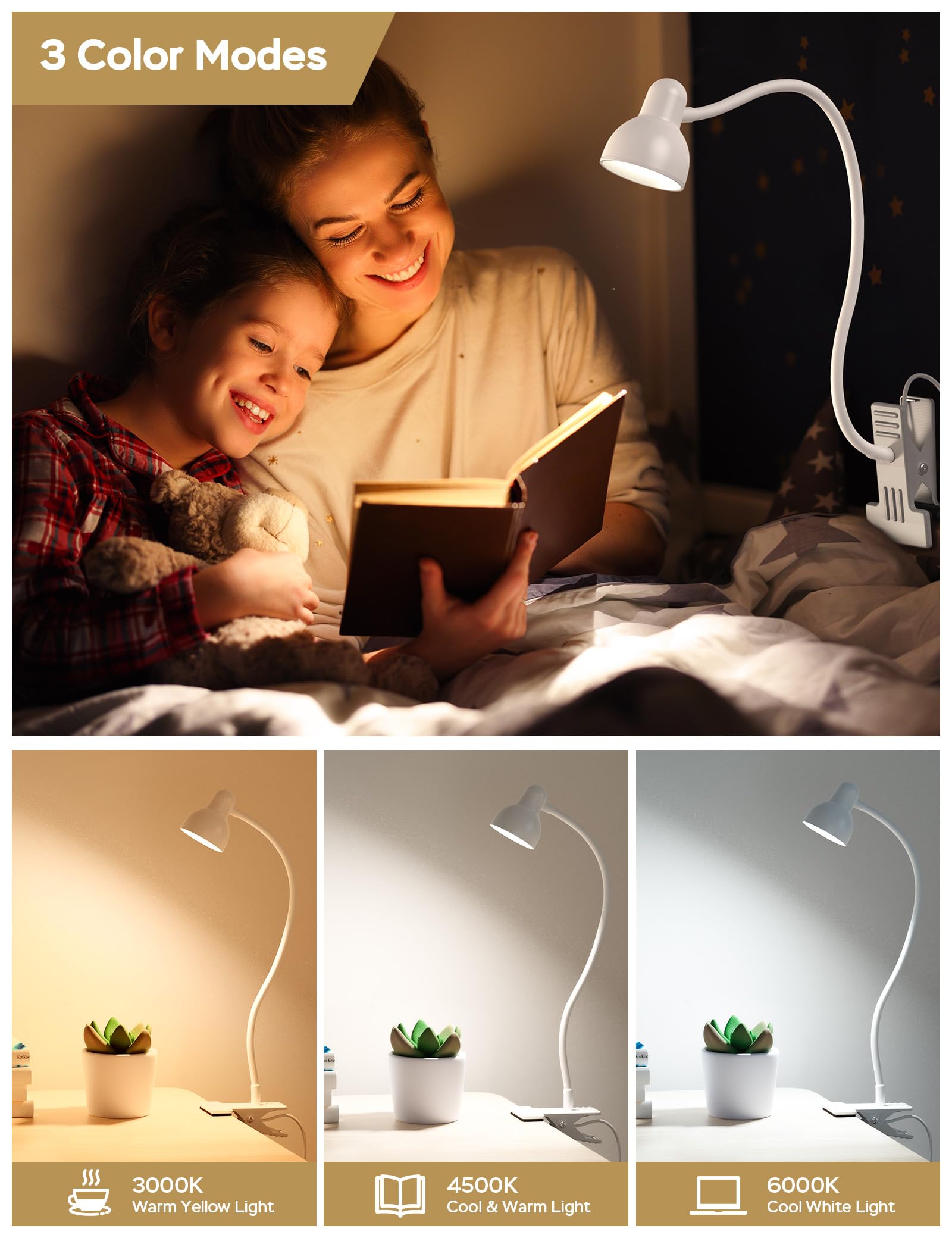 LiFMIRA Clip-on LED Desk Lamp, 3 Color Modes, 10 Brightness Levels, 360° Gooseneck, USB, Eye Protection, White, 4W