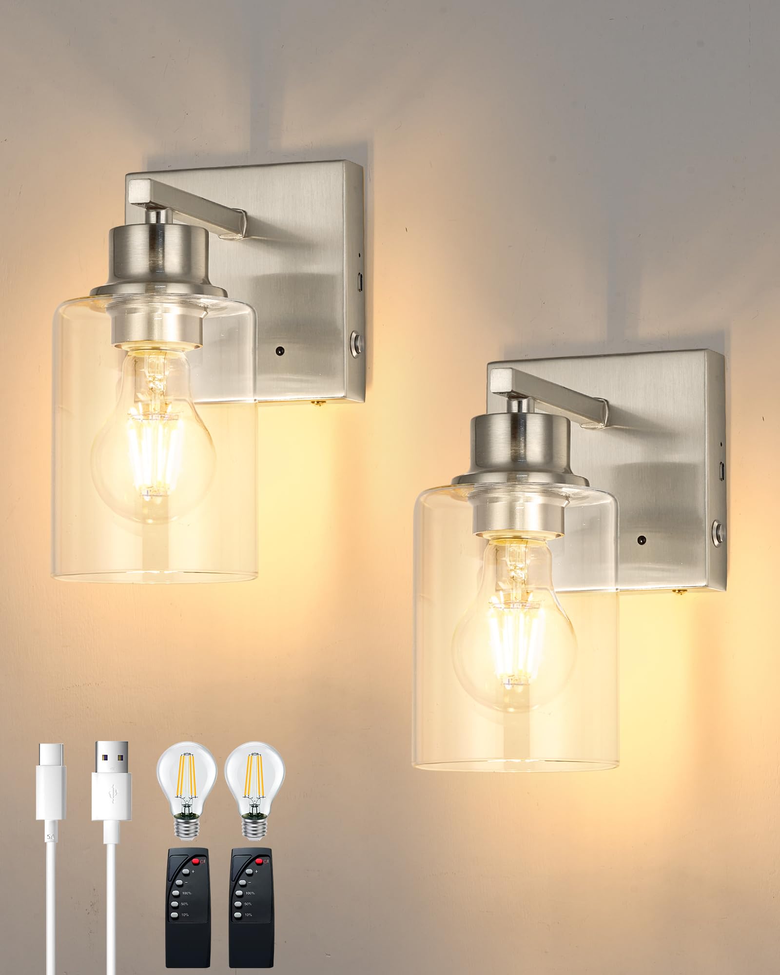 Rayogale Wall Sconce Set of 2, Rechargeable, Dimmable, Touch Control, Nickel, Model WL-7112, Includes 2 Special Bulbs