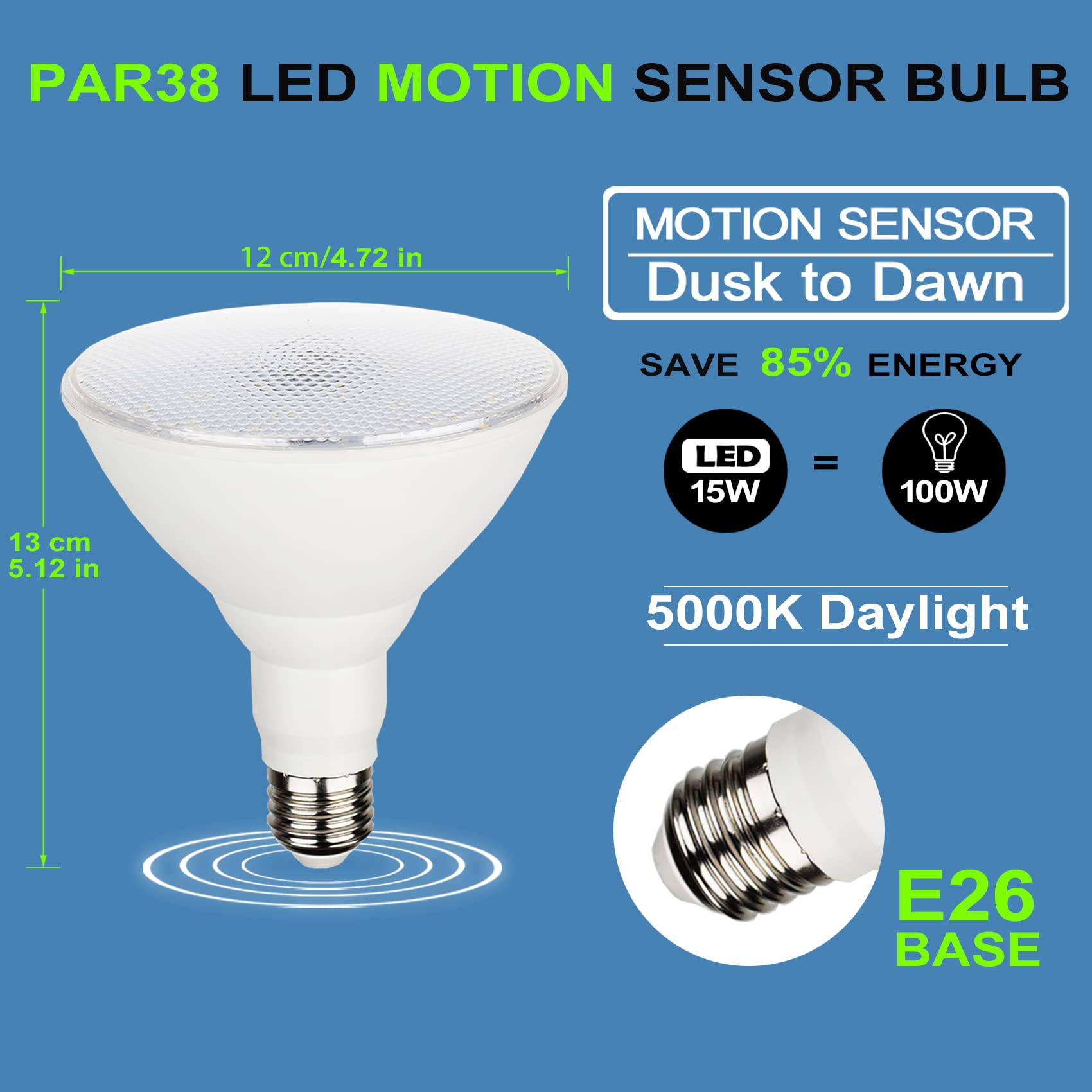 Radar Motion Sensor Outdoor Flood Light Bulbs, Dusk To Dawn Led Security Light E26 Base Par38 Motion Activated 5000K Daylight, 1