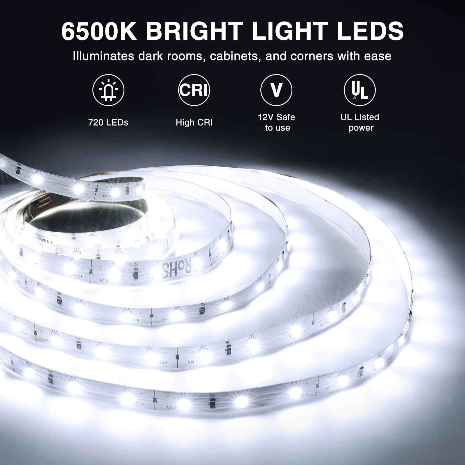 Onforu LED Strip Lights 39.37ft 6000K Dimmable Daylight White Tape Light, 720 LEDs, Flexible Copper Ribbon for Kitchen & Bedroom