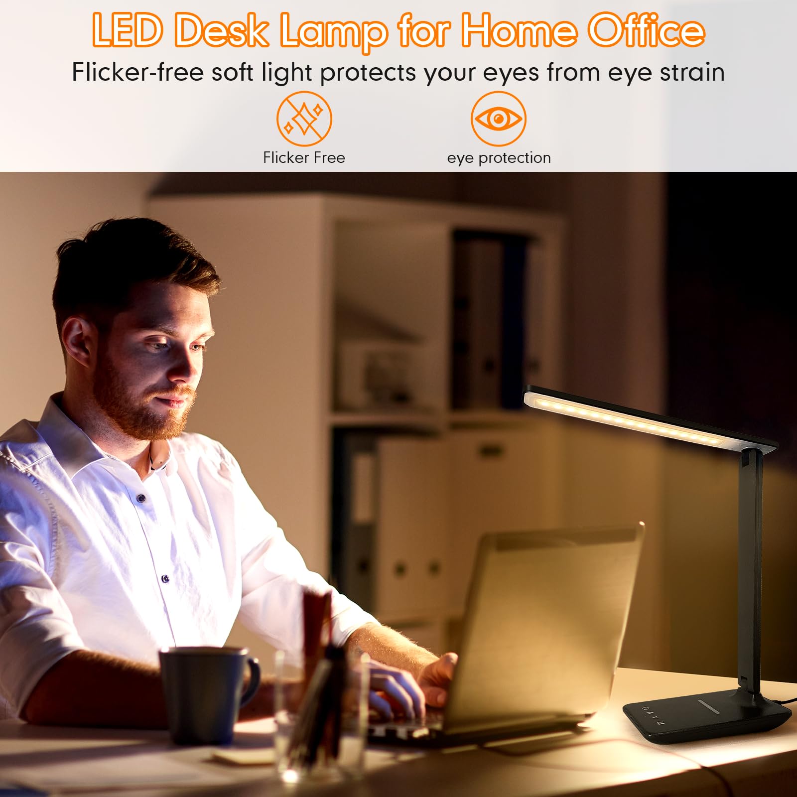 White crown LED Desk Lamp with 15W Wireless Charger, USB Port, Dimmable, Touch Control, Foldable, Pro Size, Black, Model QM019