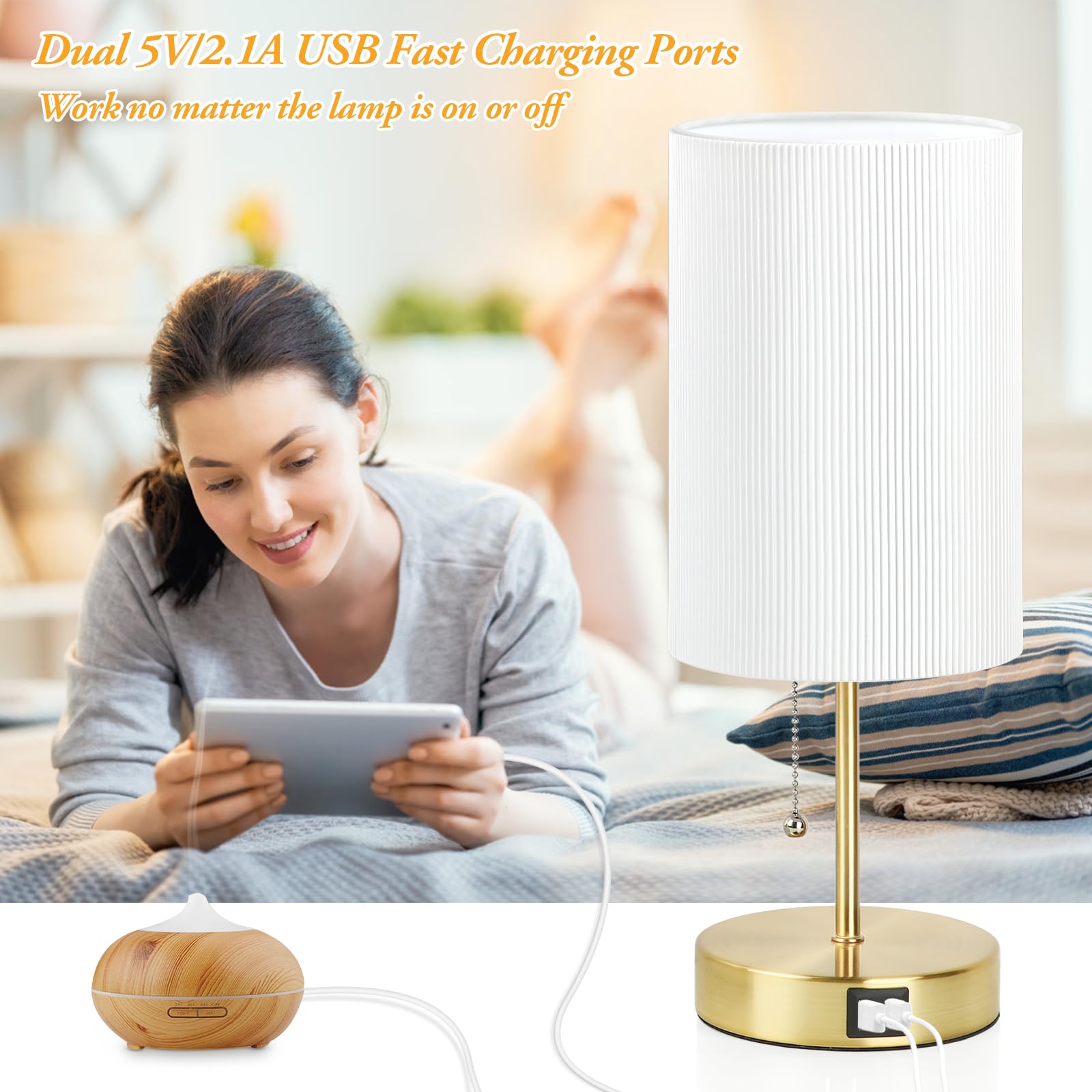 Lakumu 2 Sets Table Lamps with USB, White Pleated Shade, Gold Metal Base, Model ST0011-G, Ideal for Bedroom, Living Room, Dorm