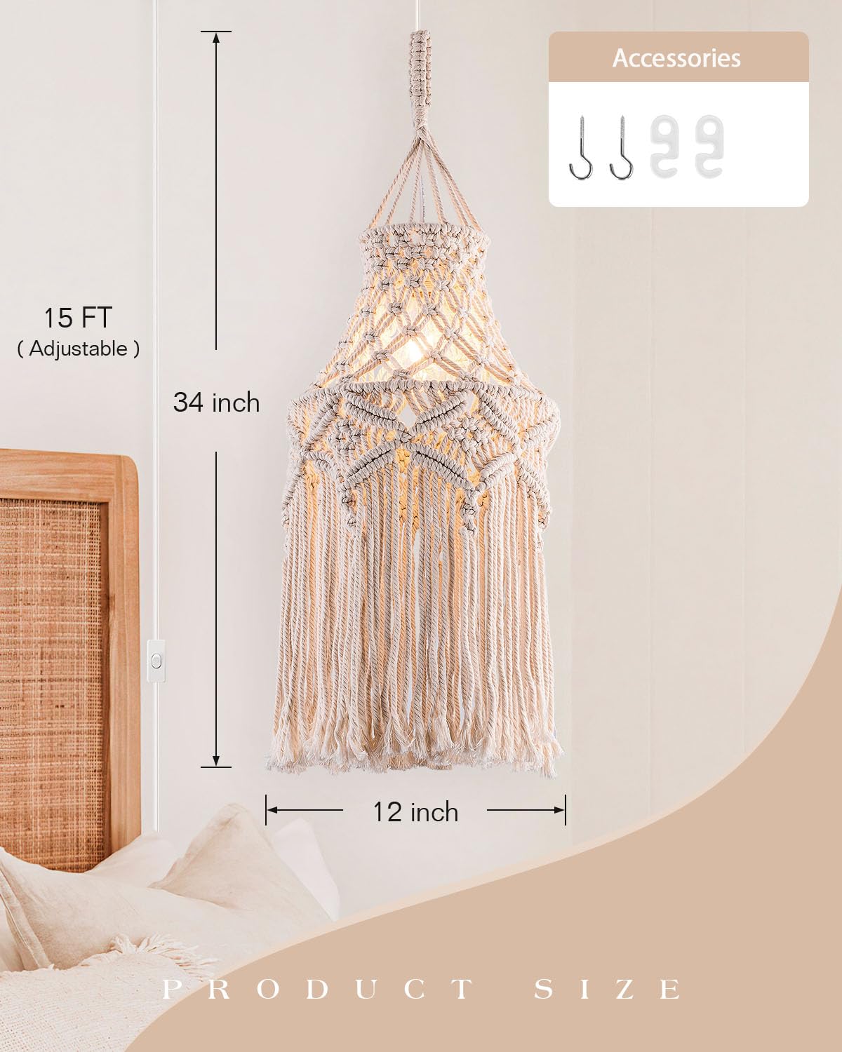 Flsfu Boho Plug In Pendant Light Macrame Lamp Shade, Hanging Lamp With Plug In Cord,On/Off Switch,Bohemian Hanging Light Fixture