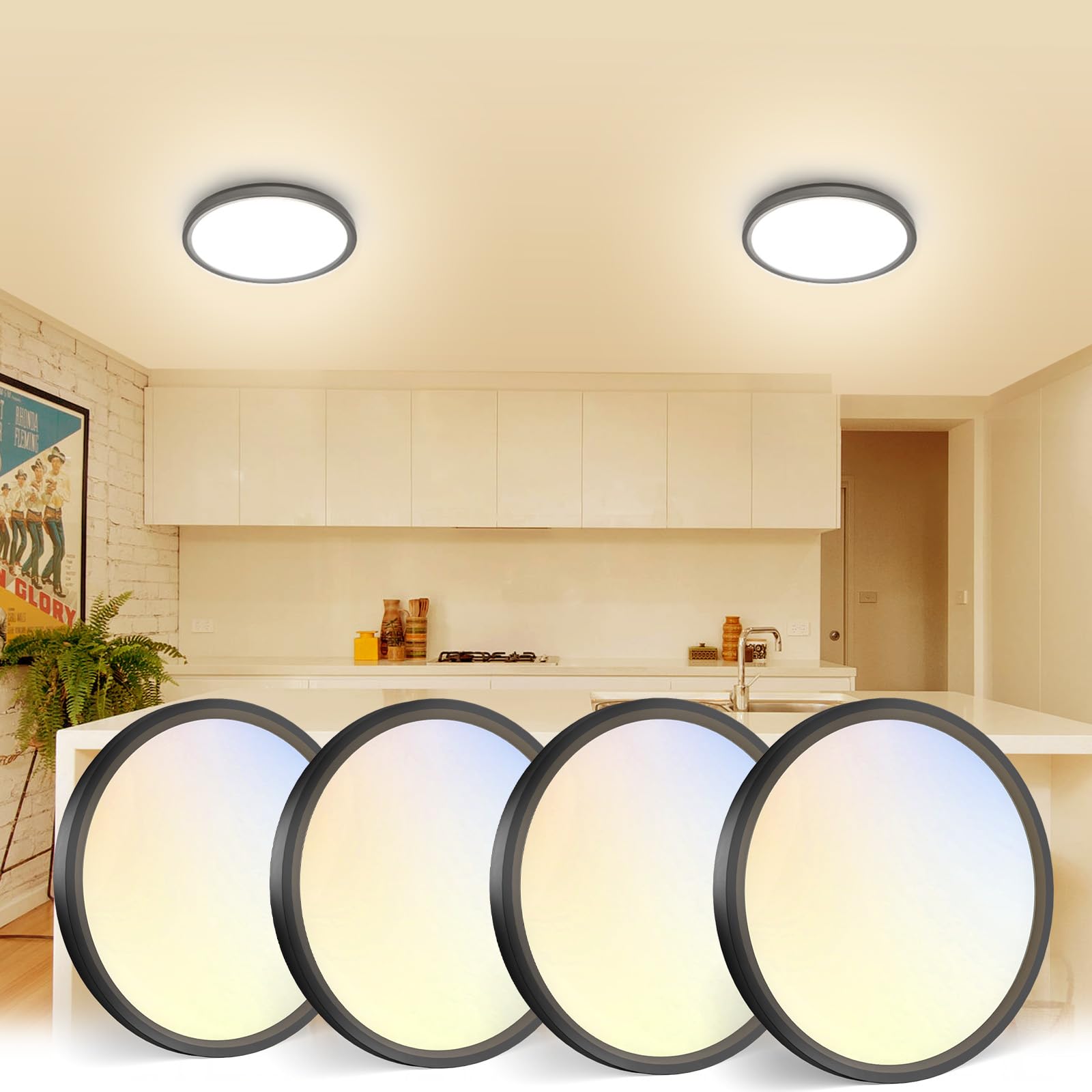 VOLISUN 4Pack 5CCT LED Flush Mount Ceiling Light, 7 inch Dimmable Ultra-Thin LED Ceiling Light Fixture, 3000K-6500K Selectable, 