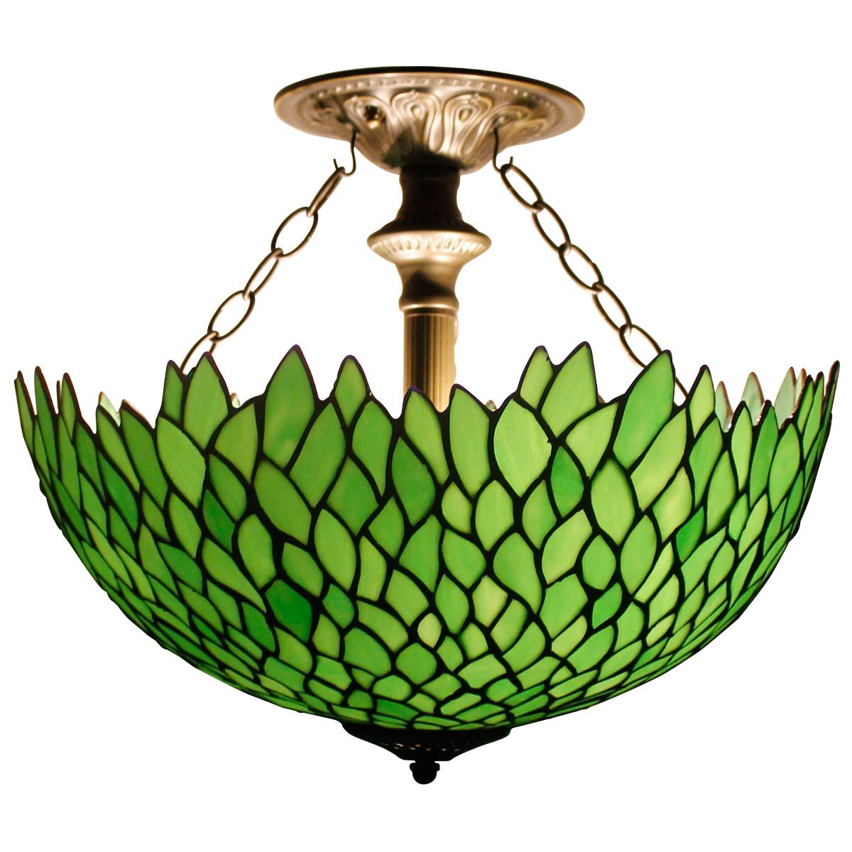 WERFACTORY Tiffany Ceiling Light Fixture Green Wisteria Stained Glass Semi Flush Mount Lamp Wide 16 Inch Height 15 Inch Tiffany Ceiling Lamp S523 Series