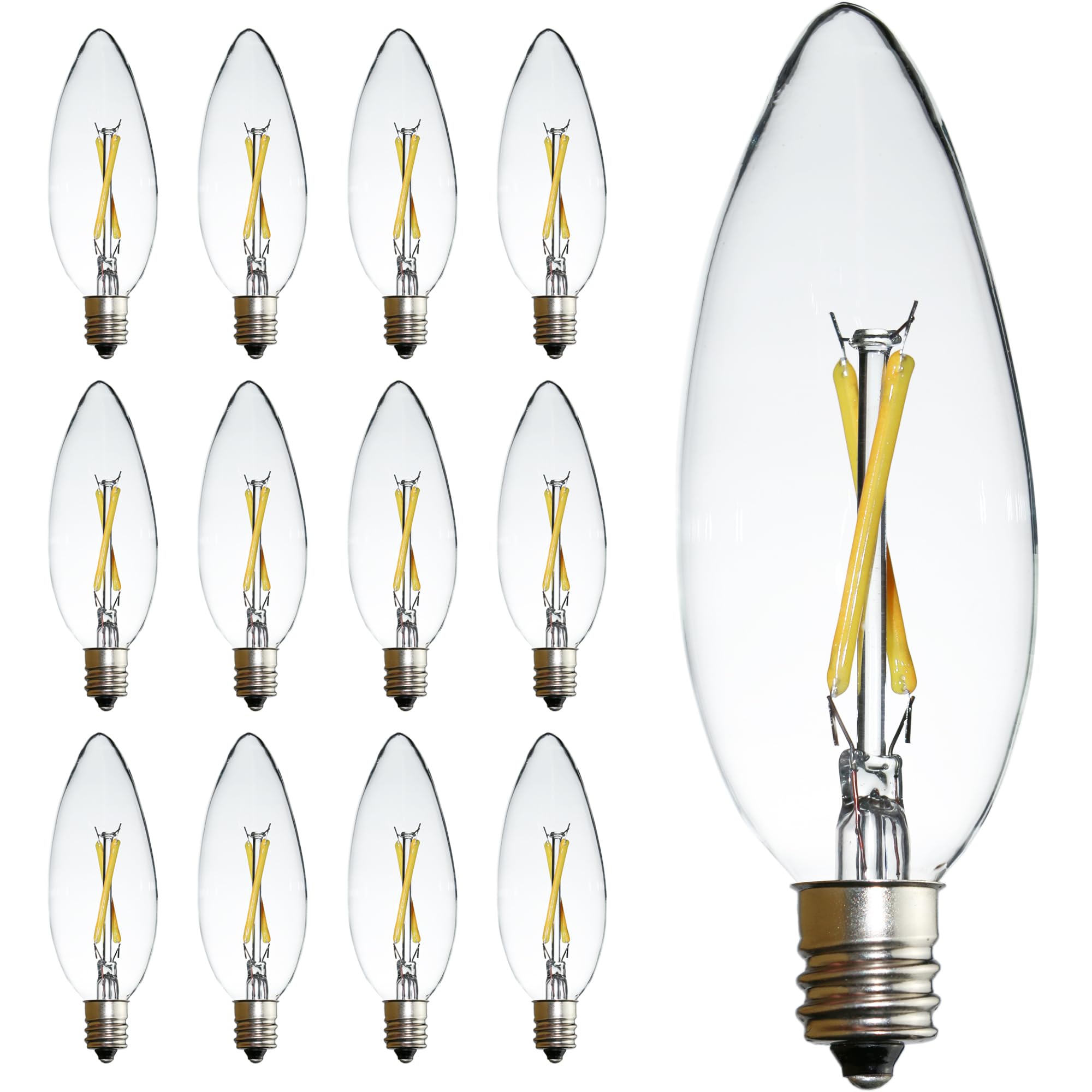 Fannis 12 Packs C32 Candle Shape Led Edison Bulb, 2W Equals 20W, Daylight White Light, E12 Base Clear Glass Light Bulb For Penda