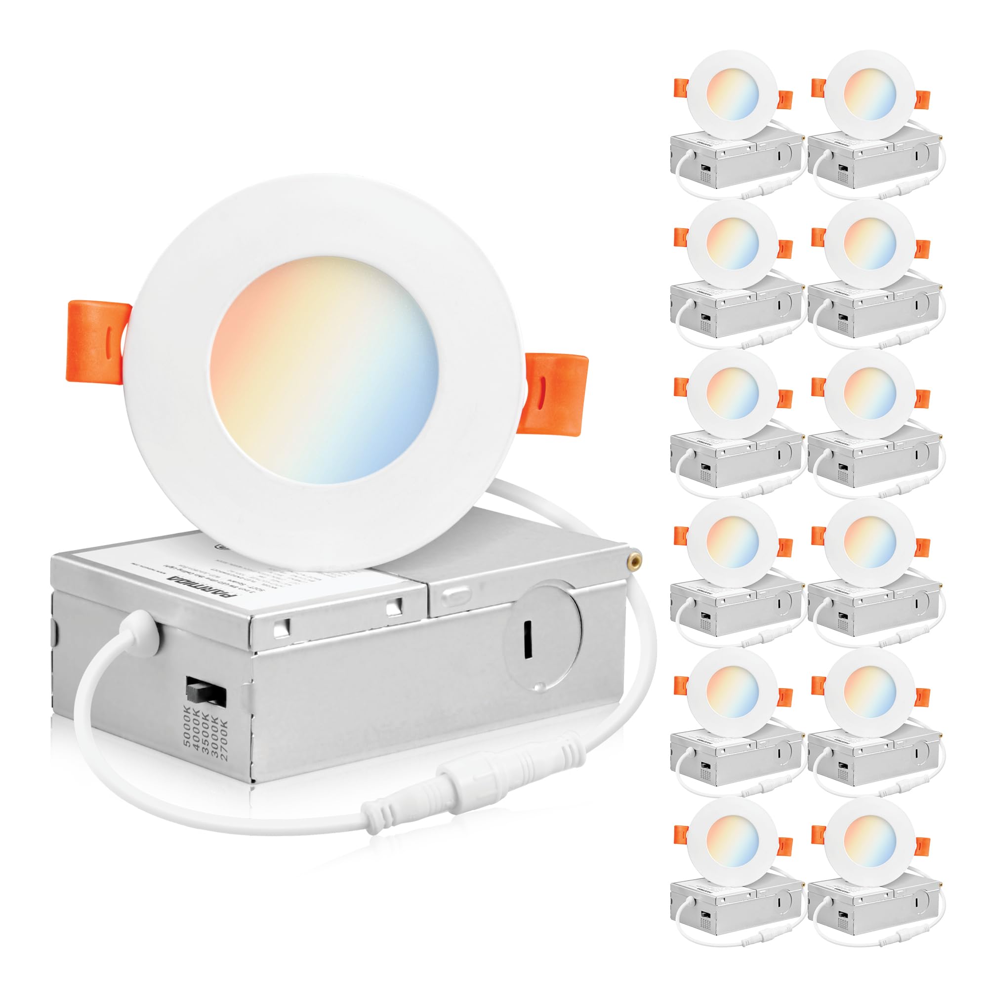 PARMIDA (12 Pack) 3 Inch 5CCT Ultra-Thin LED Recessed Ceiling Light with Junction Box, 5 Color Selectable 2700K/3000K/3500K/4000