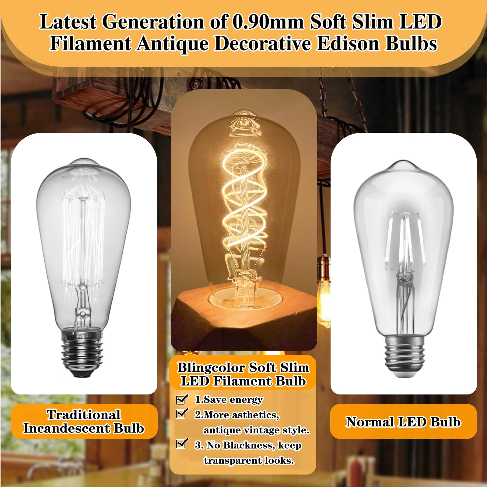 Blingcolor E26 Led Vintage Edison Light Bulbs 40W Equivalent, 4W Dimmable E26 Led Edison Bulb 2200K Amber Warm Light Bulb, St58