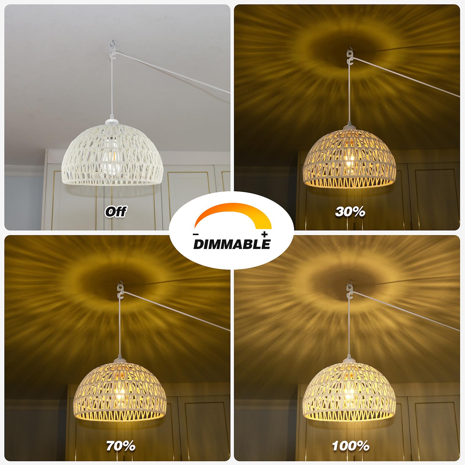 SLYYMY Plug-in Pendant Light, 15FT Hemp Rope Cord, Cream Wicker Lampshade, Industrial Ceiling Fixture, Model SPEL-0011C