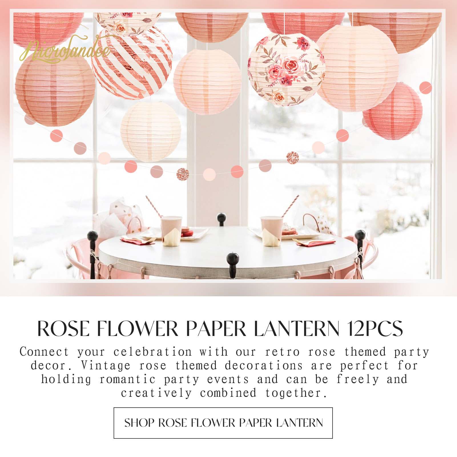 Nicrolandee 12Pcs Rose Gold Paper Lanterns - Vintage Floral Hanging Decorations For Weddings, Baby Showers, Anniversaries, And Birthdays