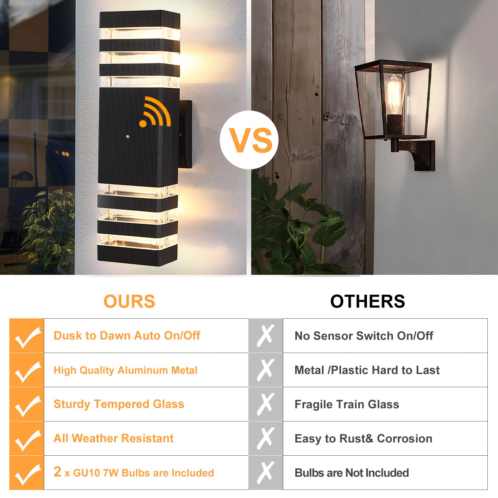 BOXCUPIN Dusk to Dawn Outdoor Wall Lights, 2 Pack, IP65 Waterproof, 3000K Warm White, 3-Layer, Black, Model BXOWLS19