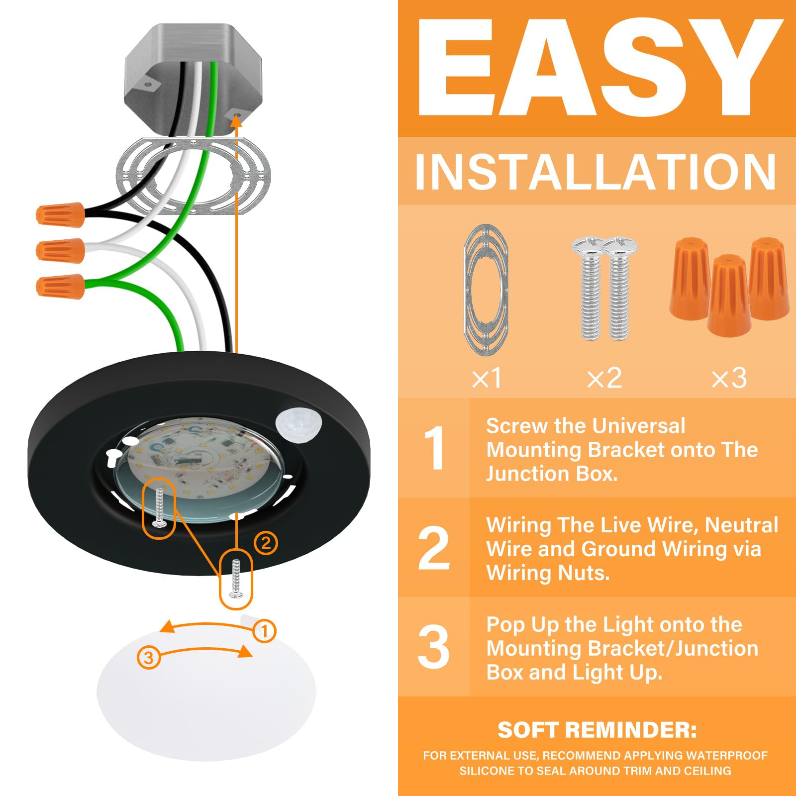JULLISON LED Motion Sensor Ceiling Light, 4 Inch, 10W, 600Lm, ETL Certified, 5CCT Black, Model BLDK0918-5CCT