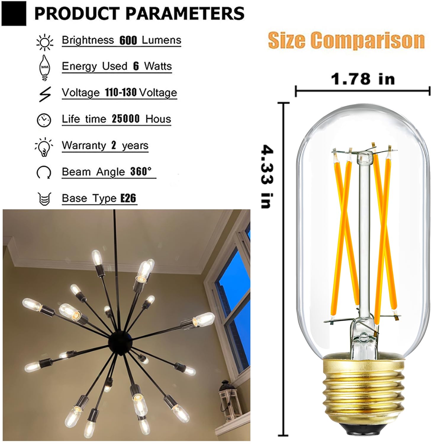 Leools E26 LED Bulb 8W Dimmable Edison Glass Tubular 3000K Soft White Pack of 6