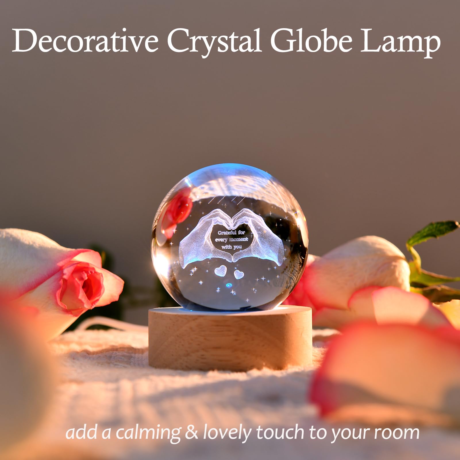 Ifolaina Gifts For Wife Mom Grateful Gifts For Women Men 2.36'' Crystal Ball Night Light Engraved Heart Hands Sphere Decor Roman