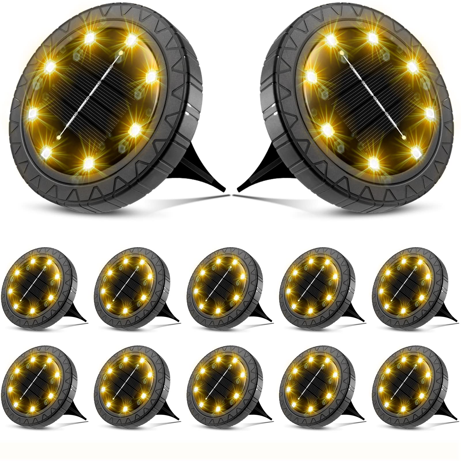 Solar Powered Ground Lights 12 Pack, Solar Lights Outdoor Garden IP68 Waterproof, LED Solar Disk Lights, Solar Landscape Lightin