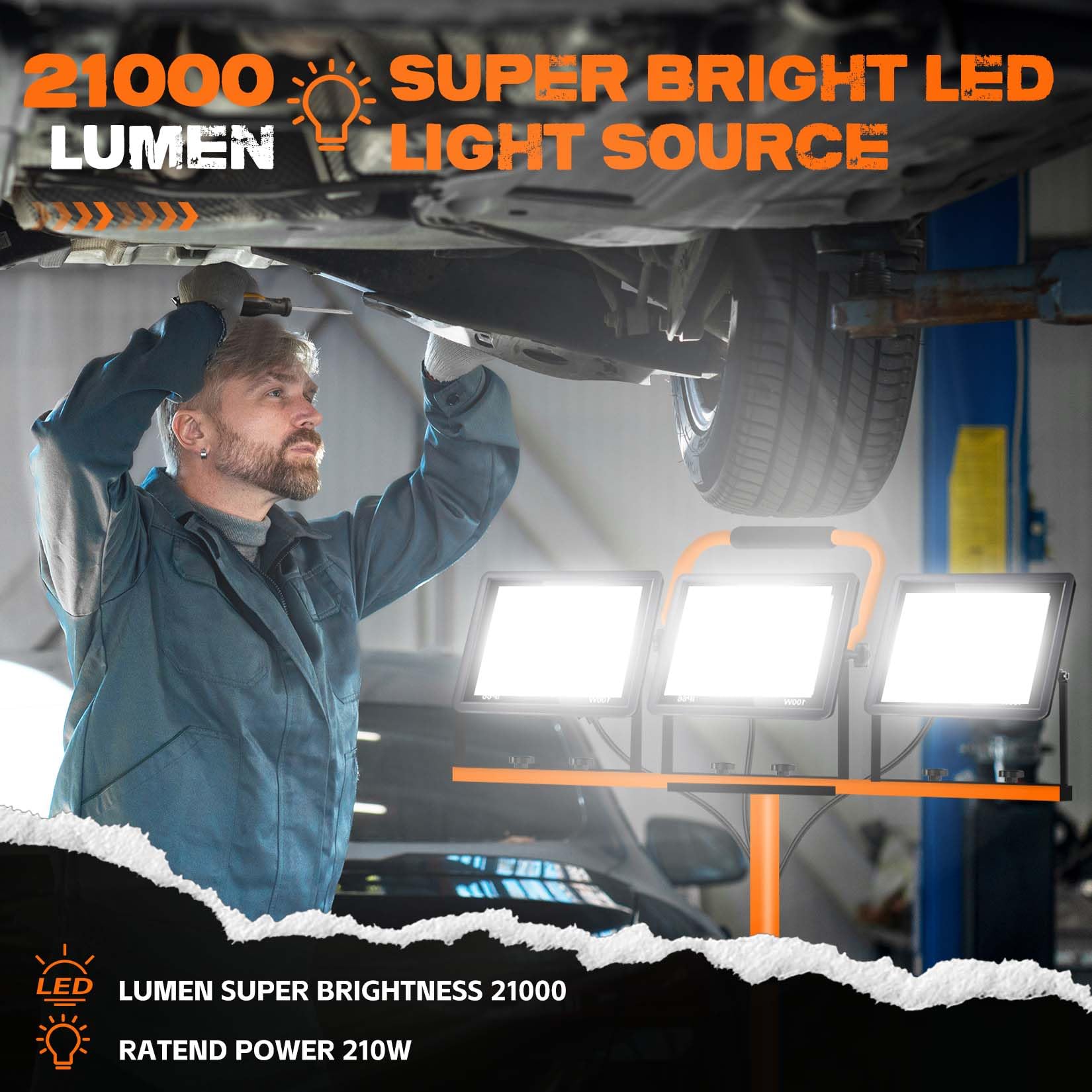 Yurnomy 21000 Lumen LED Work Light with Adjustable Tripod Stand, Waterproof, 6500K, Model GZD-1, Orange-3