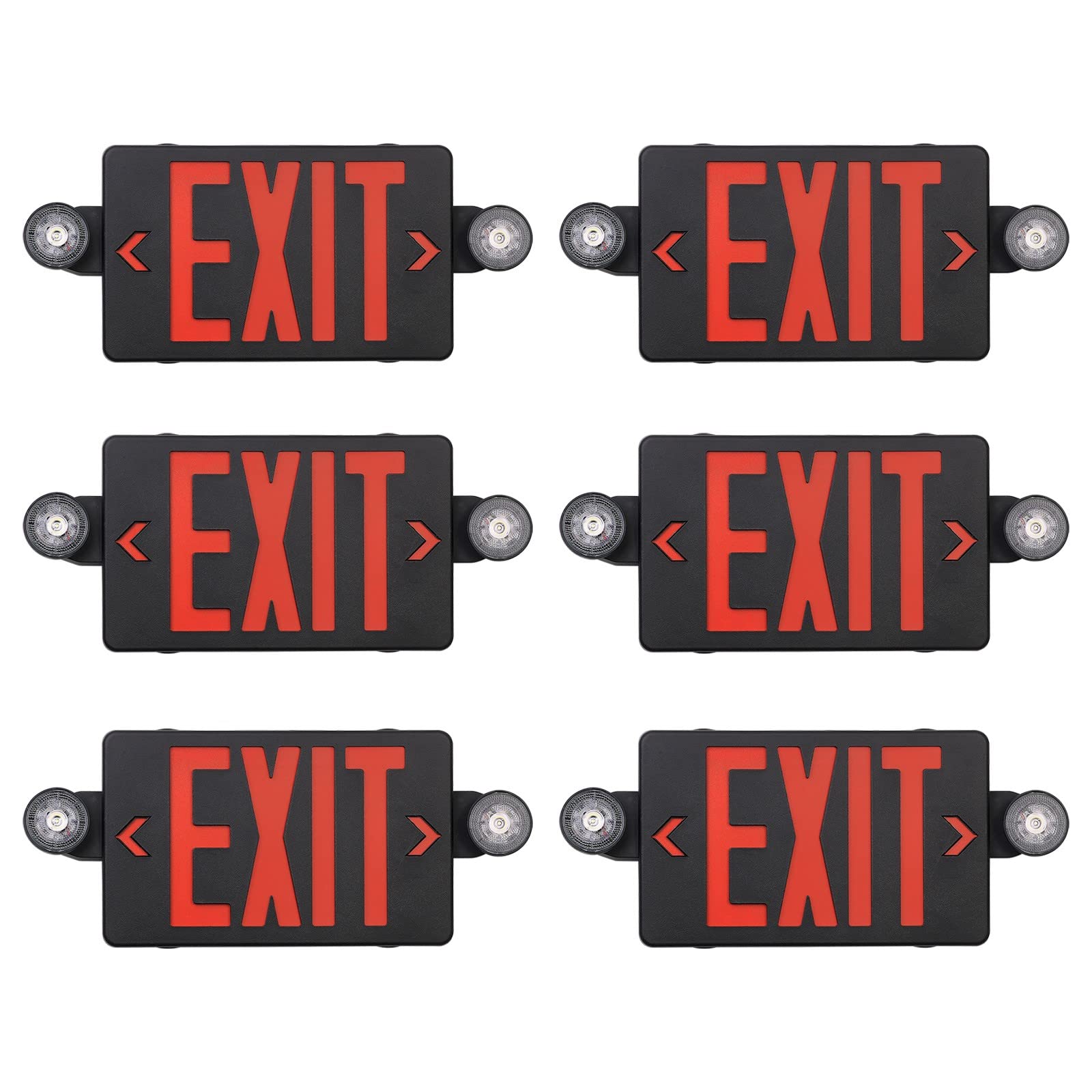 TANLUX LED Emergency Exit Light Combo, Black Housing, Battery Backup, UL Listed, 6 Pack, Model TL-EX01BK-6