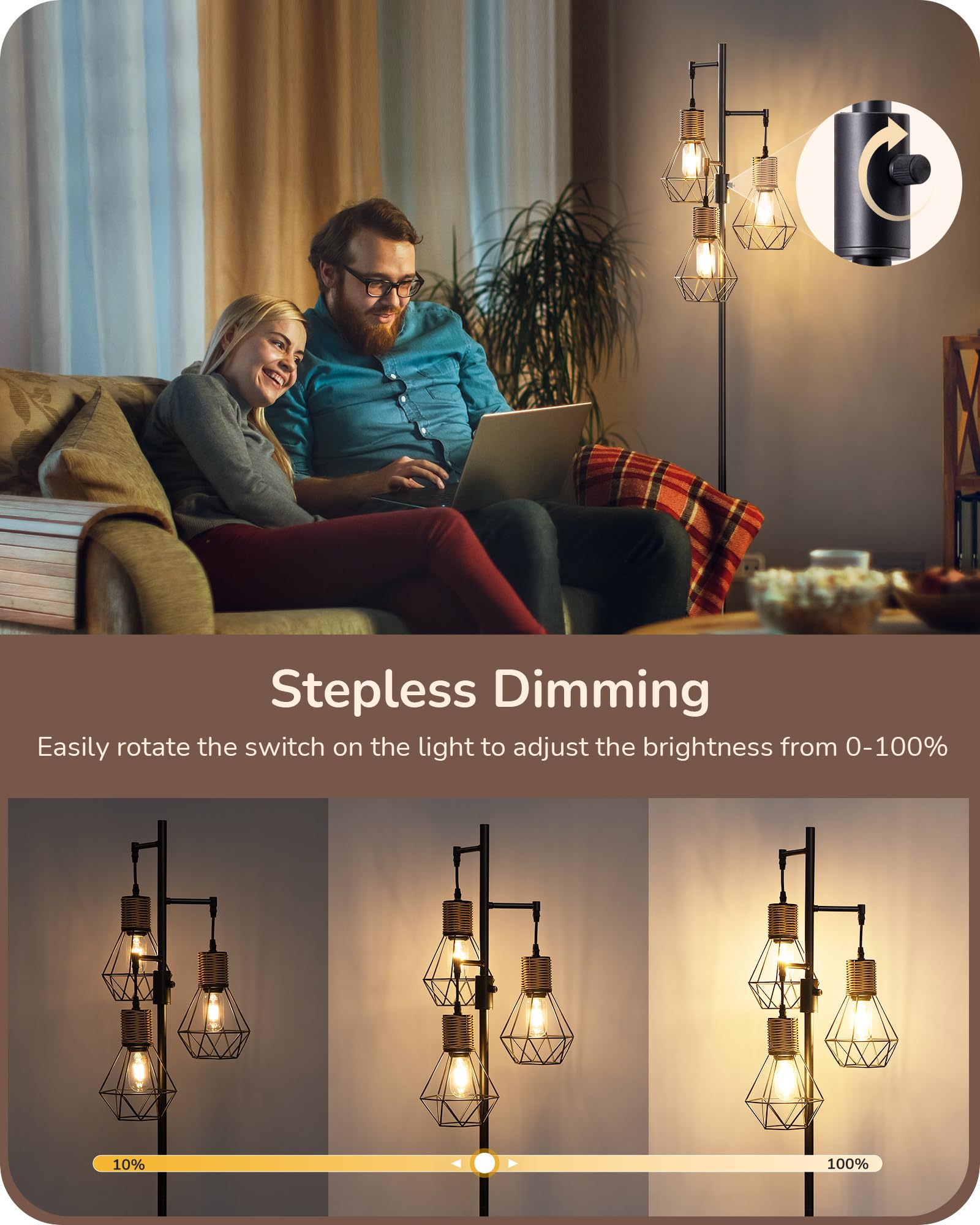 Edishine Dimmable Industrial Floor Lamp, Farmhouse Standing Lamp For Living Room, Diamond-Shaped Cage, Corner Rustic Rattan Read
