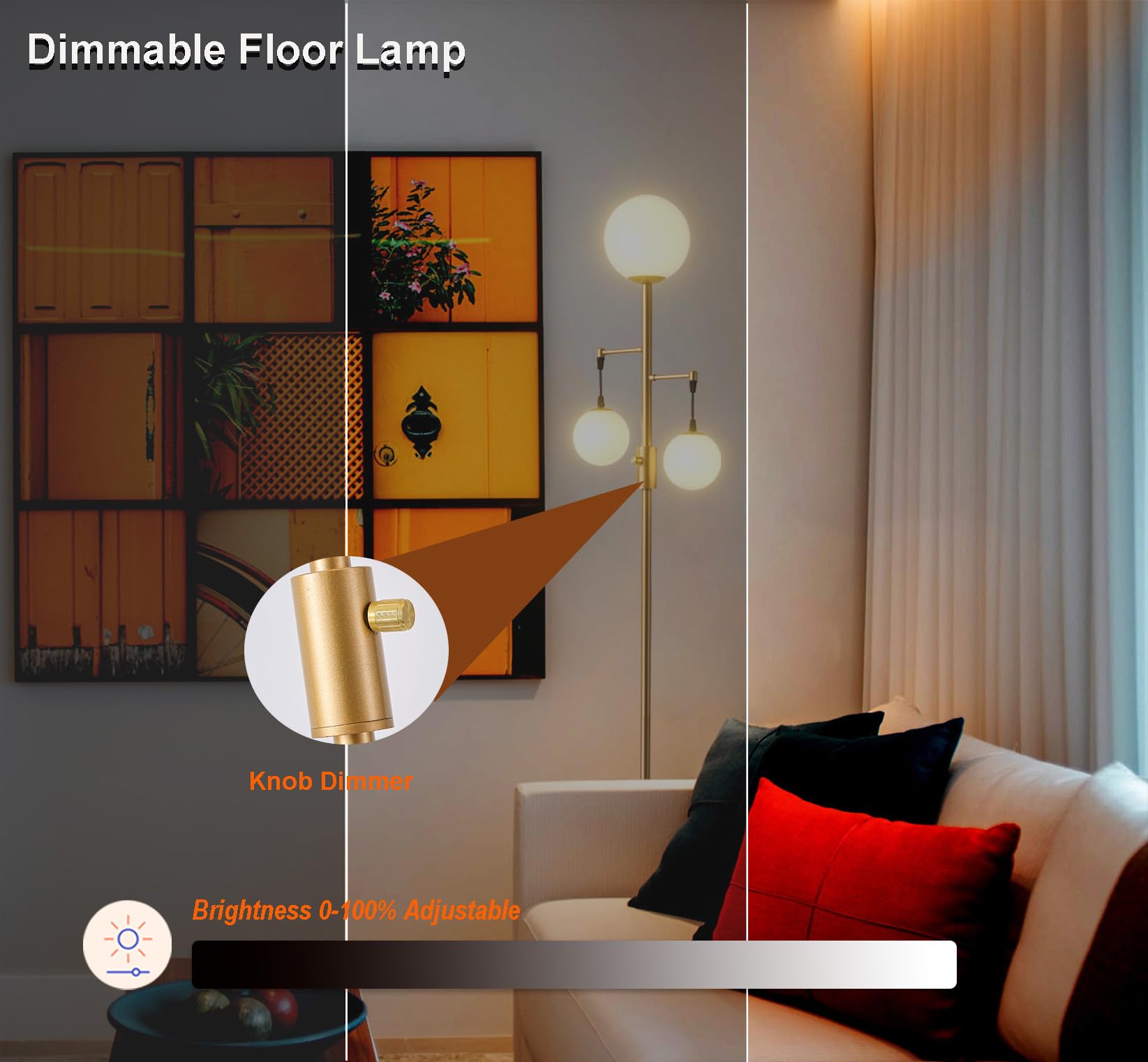 Fiqevs Dimmable Mid Century Modern Floor Lamp, Globe Gold Standing Lamp With Frosted Glass Shade & Led Bulbs, Adjustable Brightn