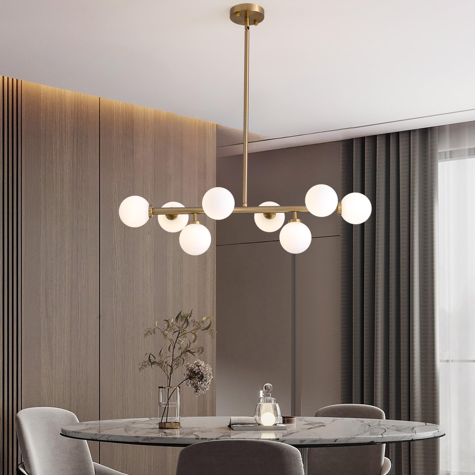 7Pmbeane Modern Linear Chandelier, Mid Century Gold Brass Sputnik Pendant Light With White Glass Lampshade,8 Lights Globe Rectan