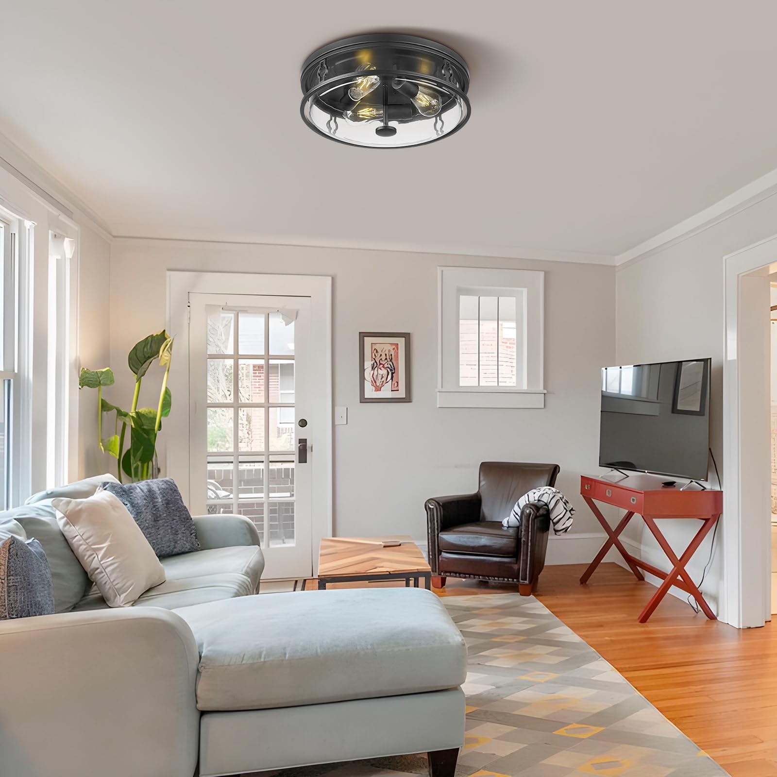 Luminzone 16&quot; Flush Mount Ceiling Light, 3-Light Black Iron Fixture For Indoor/Outdoor Use