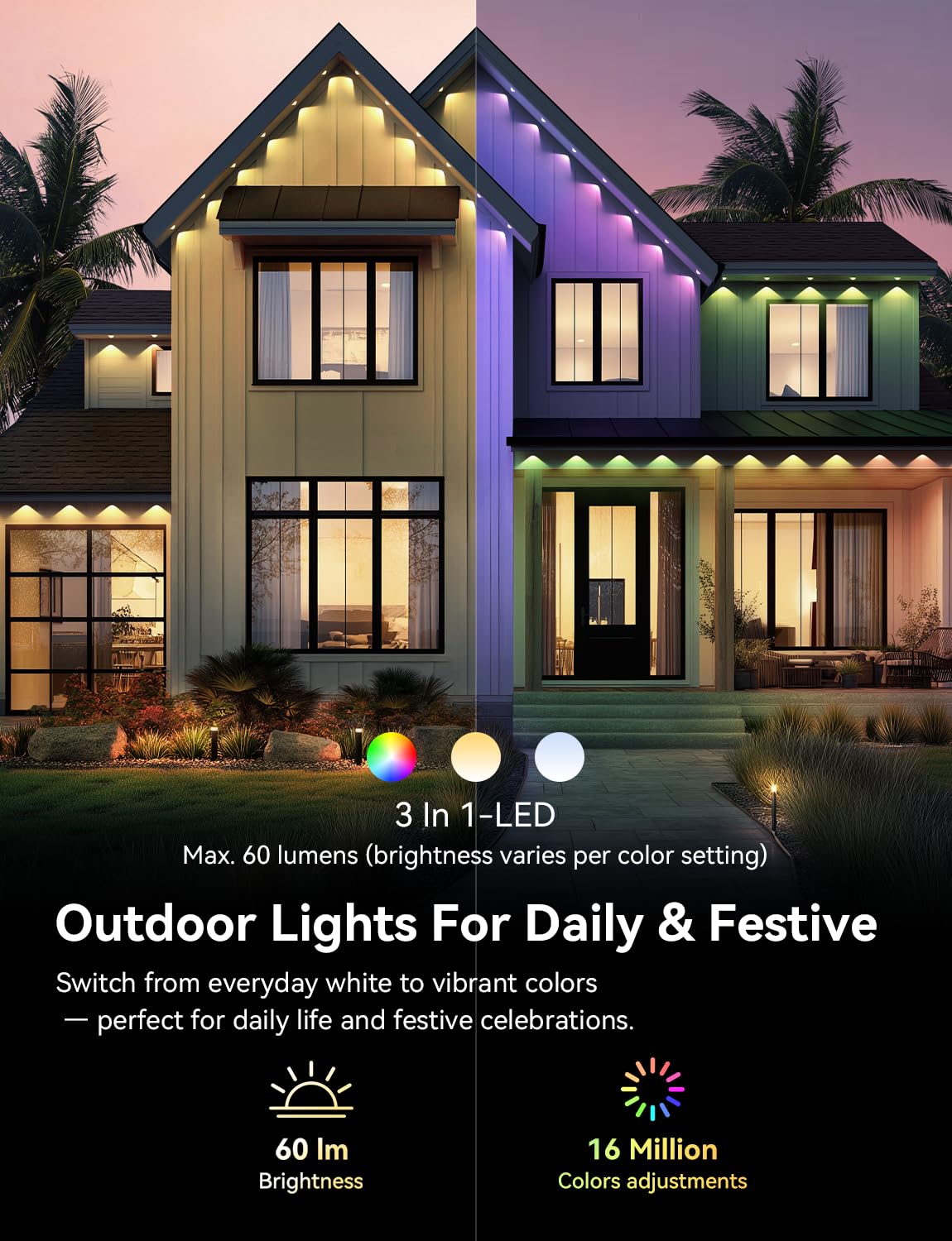 lemonlovely 200ft RGB+IC Smart Outdoor Lights, 100 LED, IP67 Waterproof, Remote & APP Control, White, Model 2323