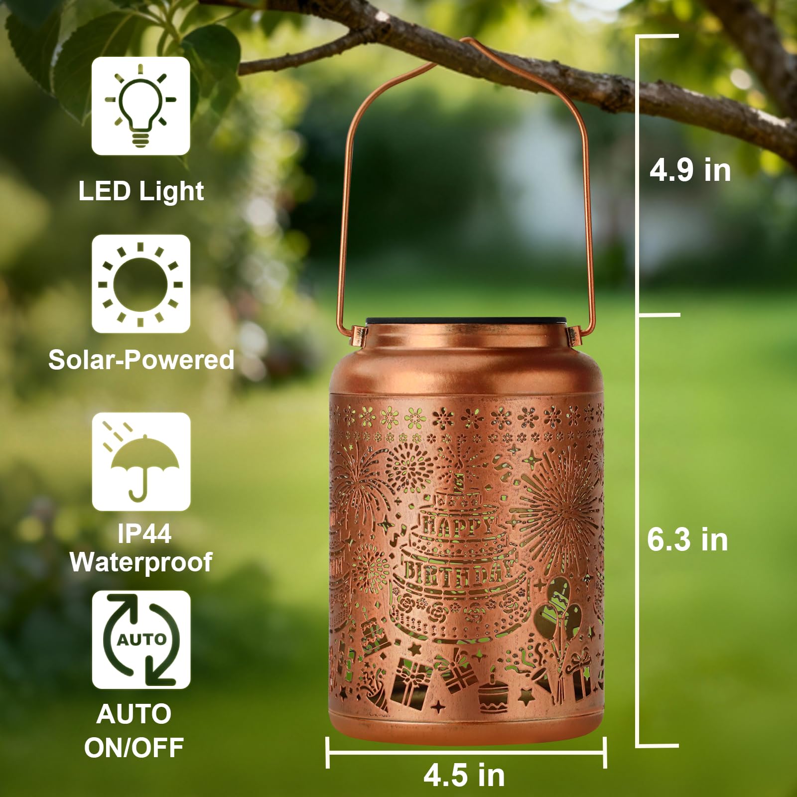 HEGUD Solar Lantern Outdoor Garden Decor - Waterproof Metal Hanging Light, Gold, Model OGS-SL-H-HappyB