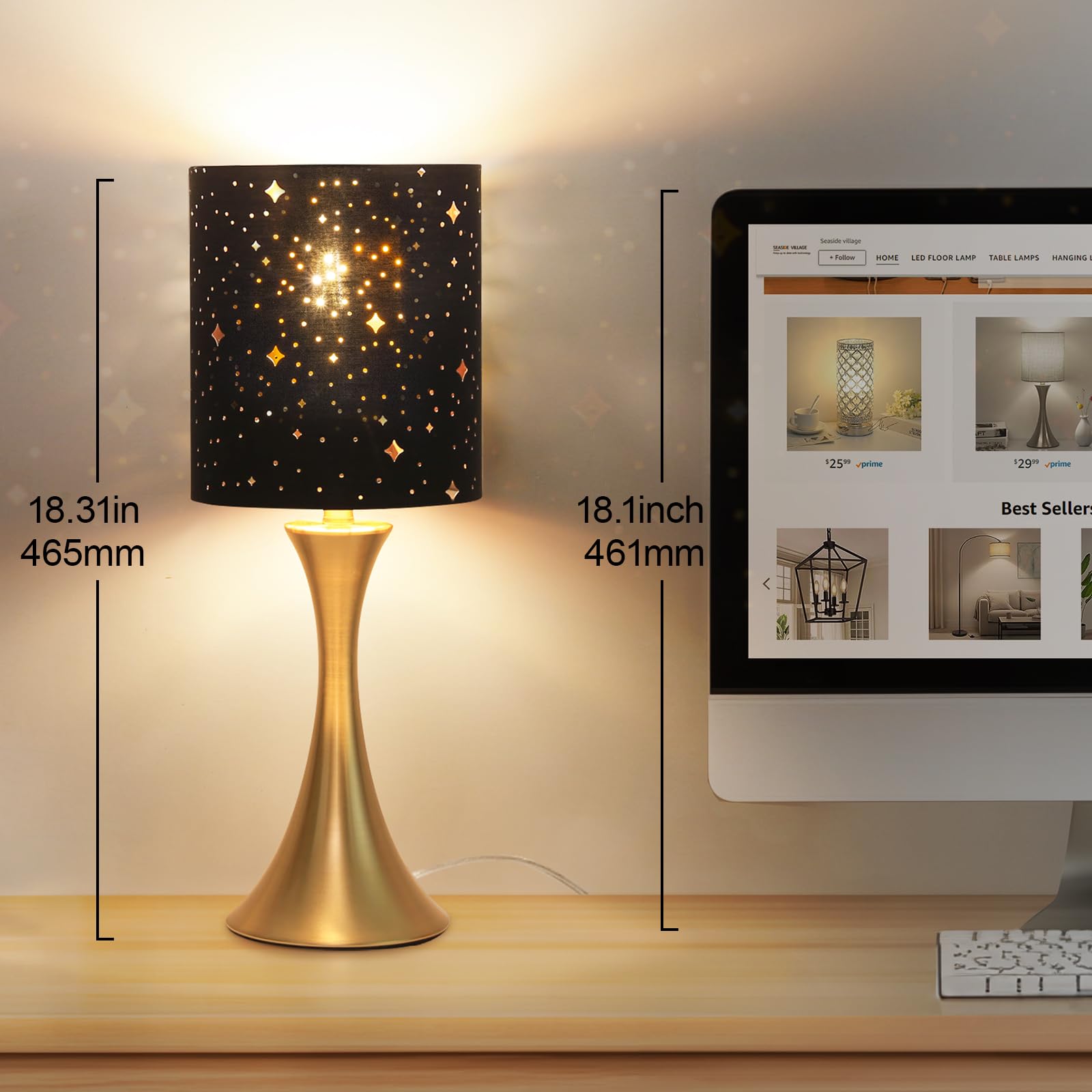 Touch Lamp For Bedroom, 3 Way Dimmable Gold Table Lamp With Black Starry Shade, Decorative Nightstand Lamp Ambient Beside Light