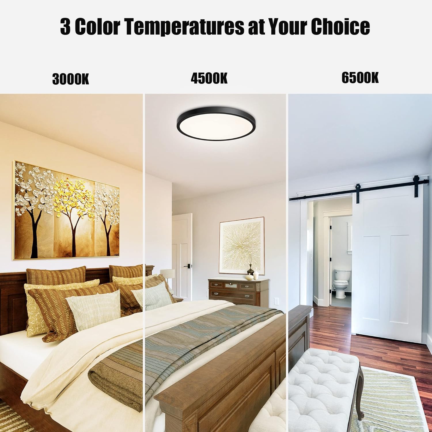 DODOPEN 12 Inch Flush Mount LED Ceiling Light Fixture, 3000K/4500K/6500K Selectable, Round Black, Model DO987, Plastic Material