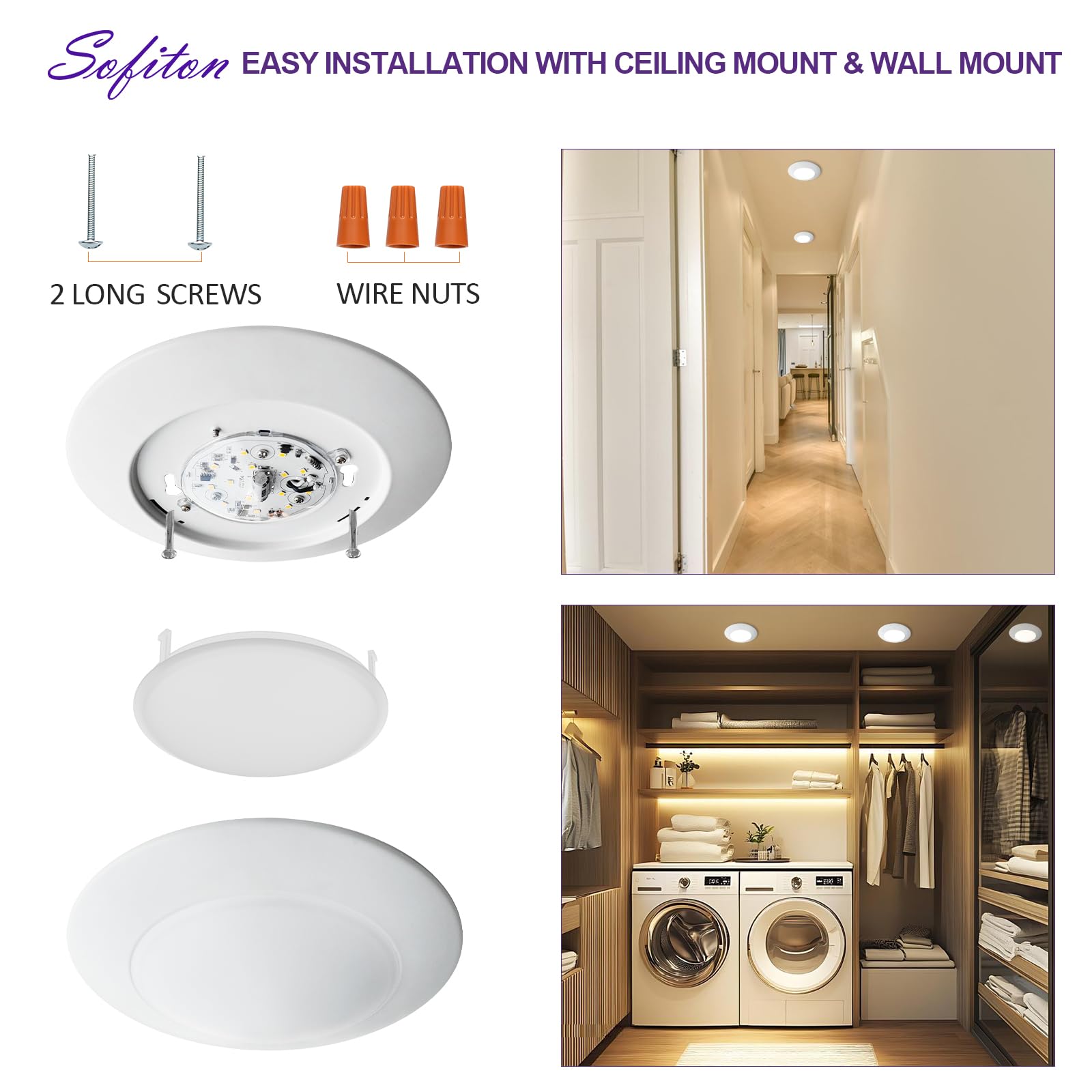Sofiton Led Disk Lights 6 Inch, 15W Surface Mount Led Ceiling Light 1050Lm, 3000K, 120V, Dimmable, Cri90+, Flush Mount Disc For