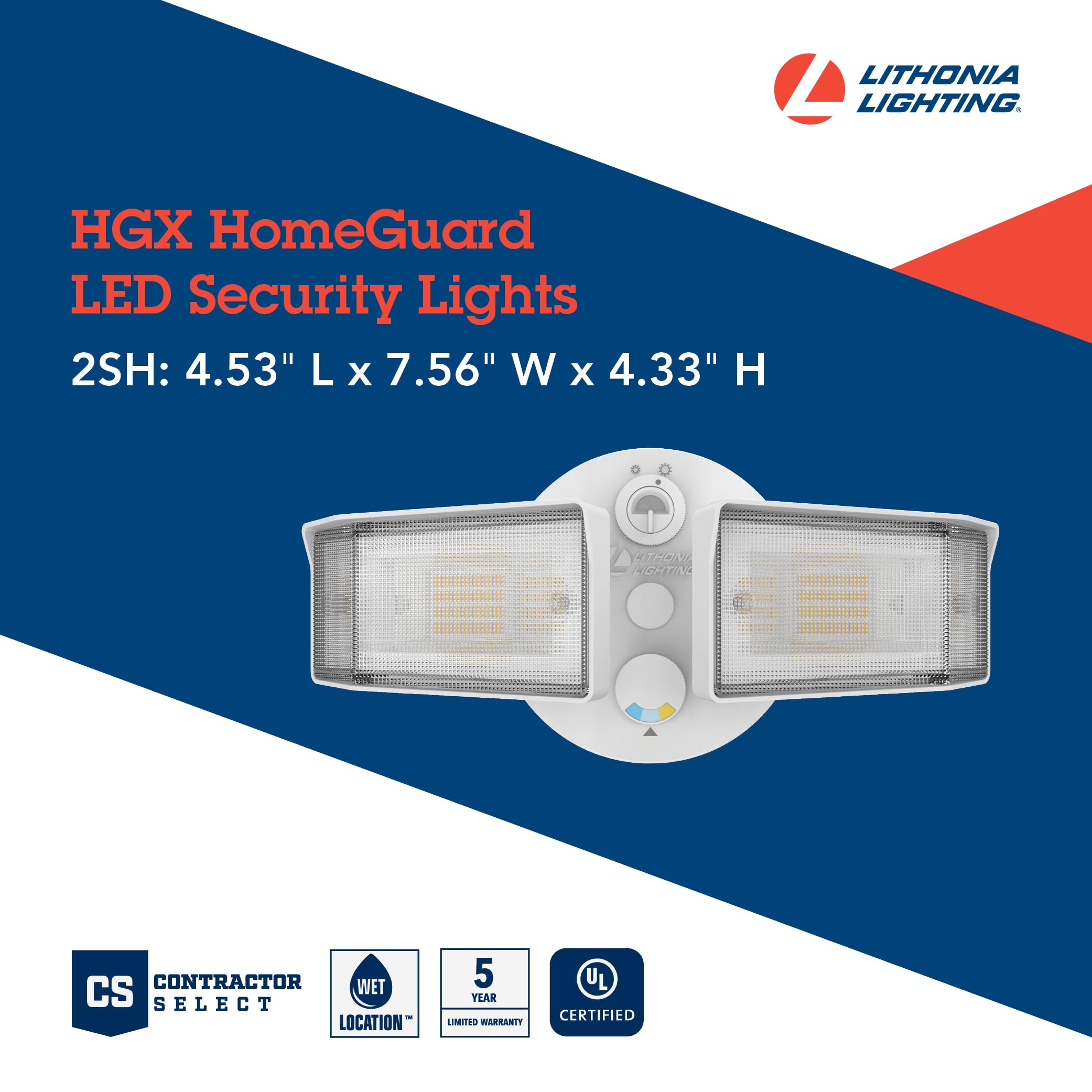 Lithonia Lighting HGX LED Outdoor Security Floodlight, 2-Lights, Adjustable Output, Switchable CCT, White, Aluminum