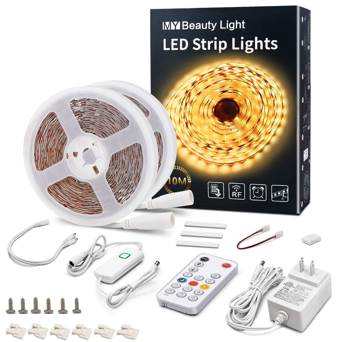 MY BEAUTY LIGHT LED Strip Lights Warm White,32.8ft Dimmable LED Light Strip with RF Remote,600 Bright 3000K 2835 LEDs,Plug-in Ad
