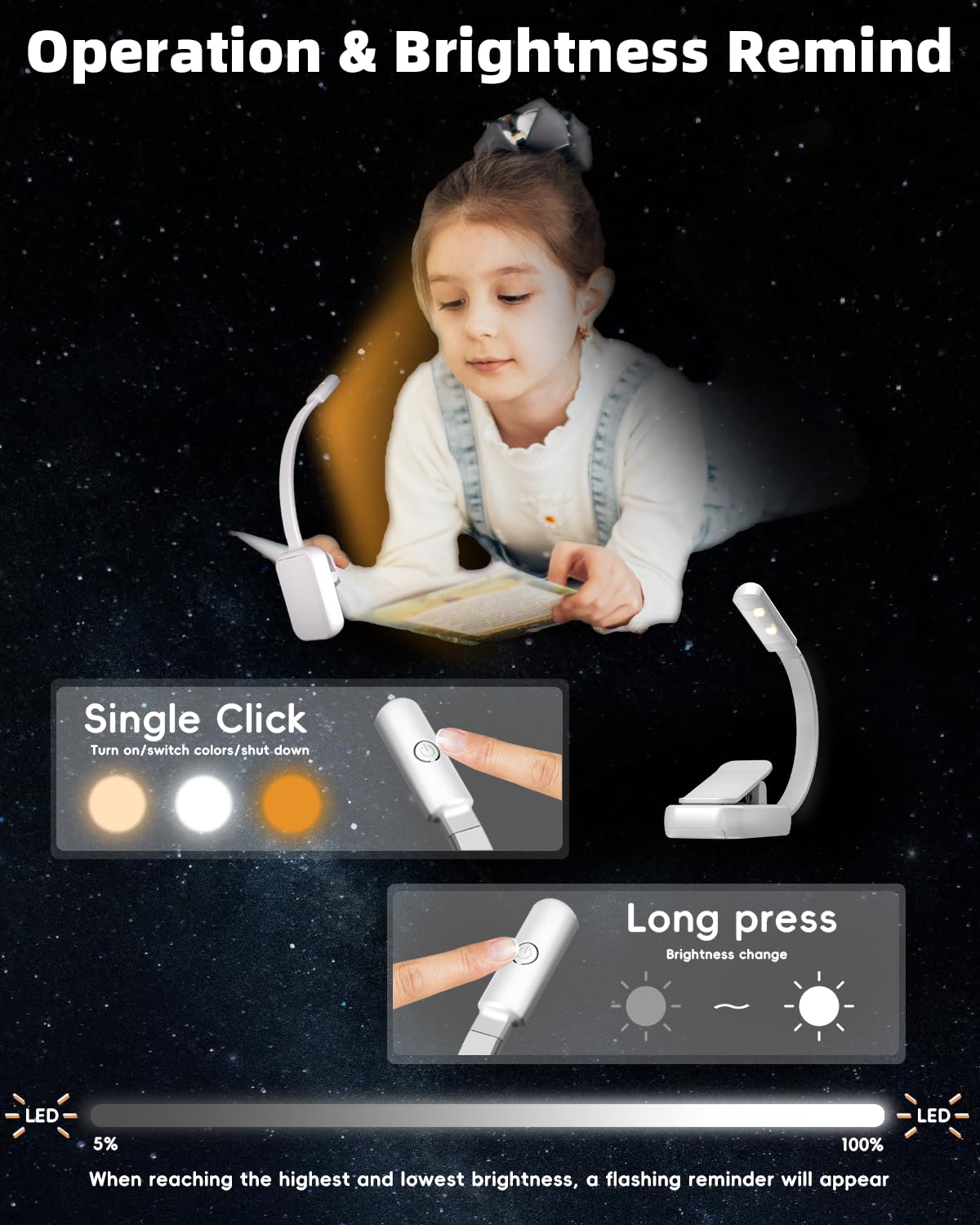 Lucarni Clip-On Book Light, AAA Battery, 3 Colors, Stepless Dimming, Ultra-Lightweight, Model AA-WH-2, White