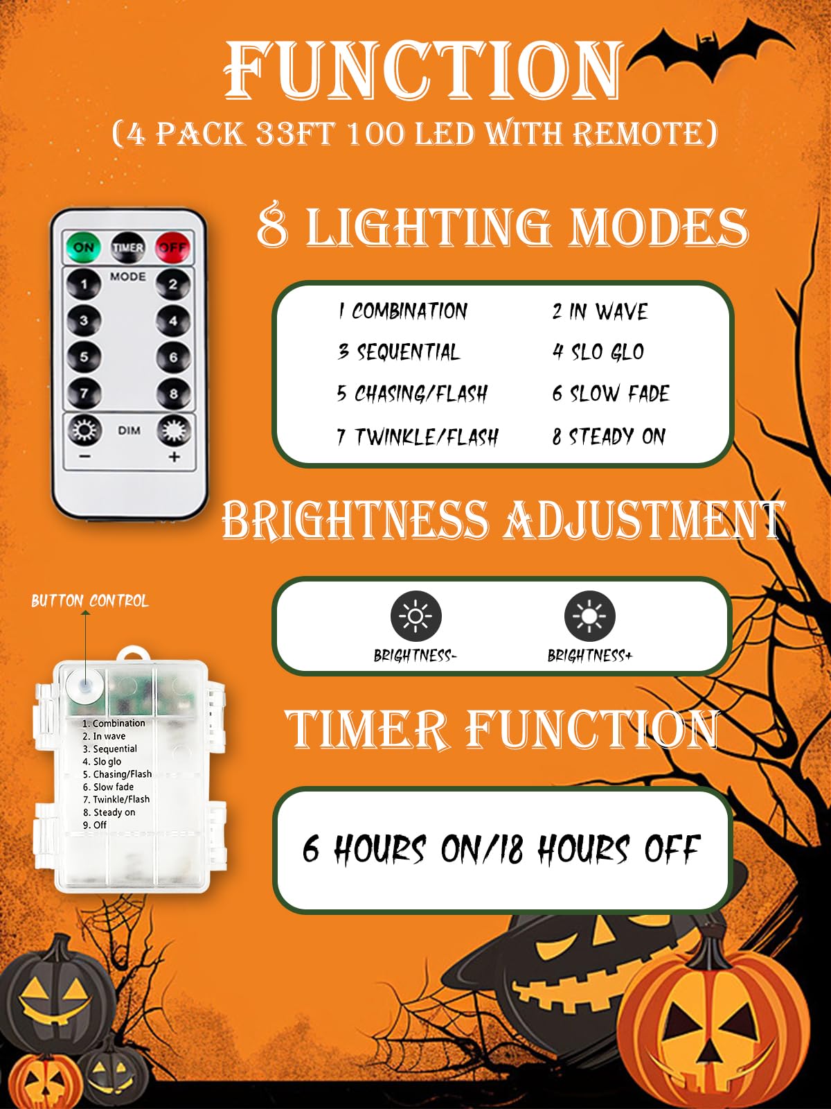 4-Pack 33Ft 100 Led Fairy Lights Battery Operated With Remote & Timer, Fairy Halloween String Lights, Waterproof 8 Modes Twinkle