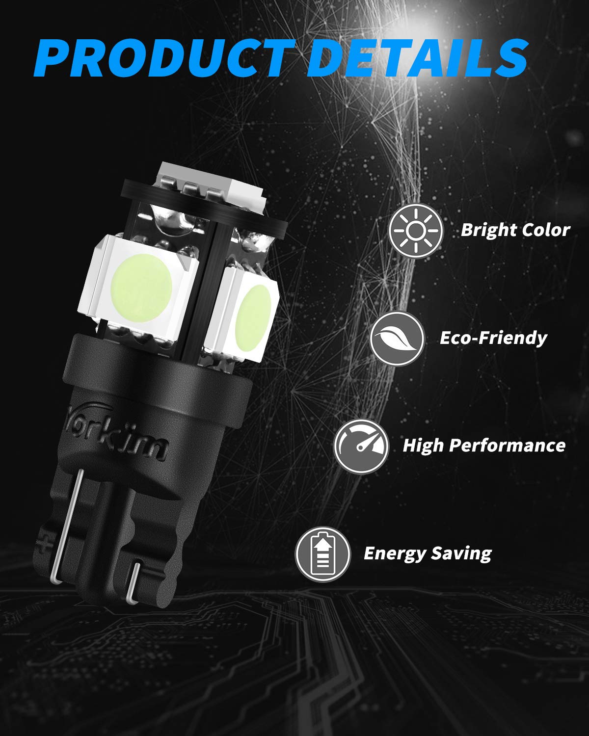 Yorkim T10 LED Bulbs, Ice Blue, Super Bright 5th Gen, 168 for Car Interior Dome, Pack of 10, Model 3071