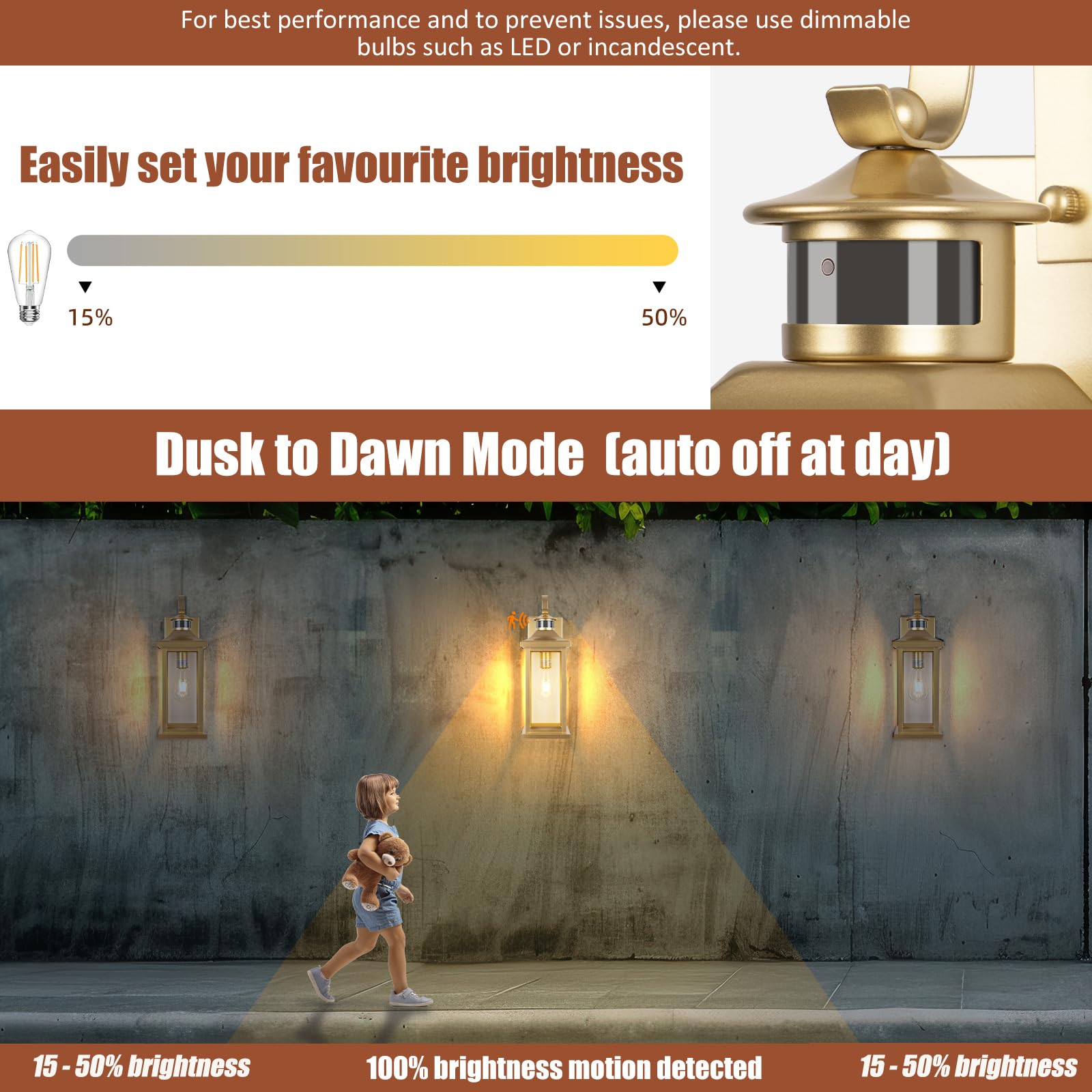 Roravilila 2-Pack Gold Outdoor Motion Sensor Lights, 18 Inch Waterproof Brass Lanterns, IP65, Wall Mounted