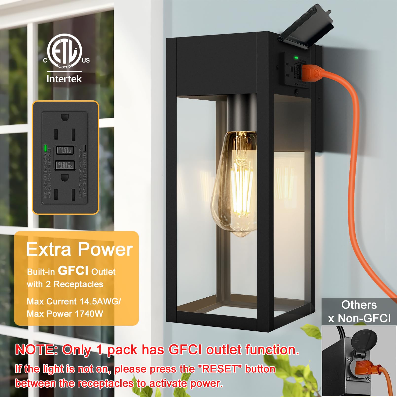 Oykyohei Outdoor Wall Lanterns With Gfci Outlet, Waterproof, Anti-Rust, 2 Pack - Black