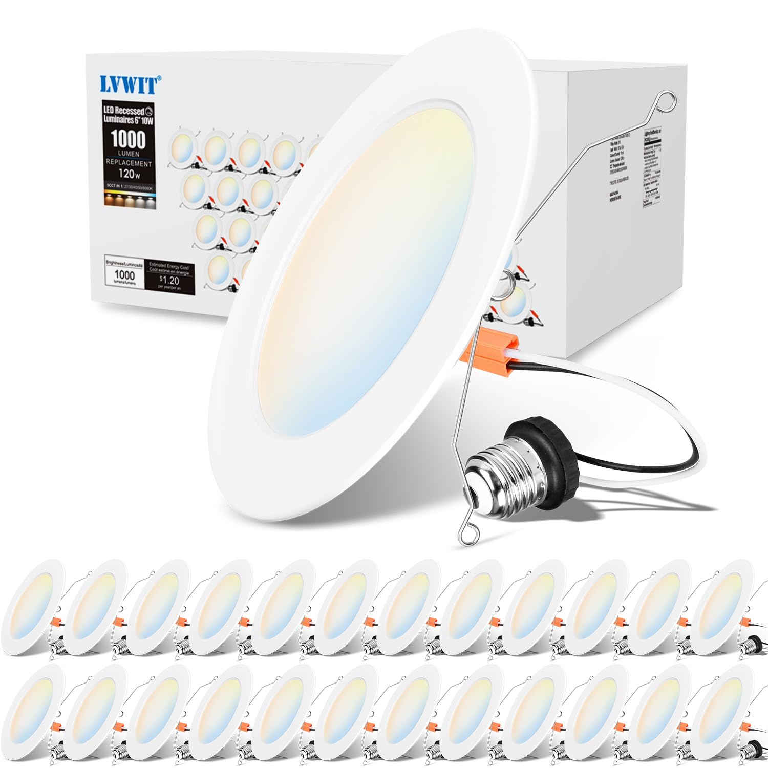 Lvwit 24 Pack 6 Inch Led Recessed Lighting Retrofit  5Cct Selectable 2700K-6000K  10W=120W 1000Lm Dimmable Ceiling Can Lights  Ic Rated Led Ceiling Light Fixtures For 5  Or 6  Recessed Cans